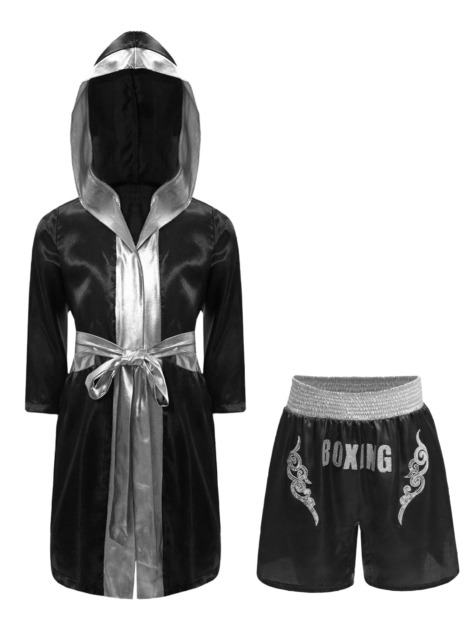 Ropa de boxeo para niños, pantalones cortos de boxeo, juego de abrigo de boxeo, pantalones cortos de muay tailandés, pantalones cortos de satén con capucha, kickboxing, artes marciales, traje