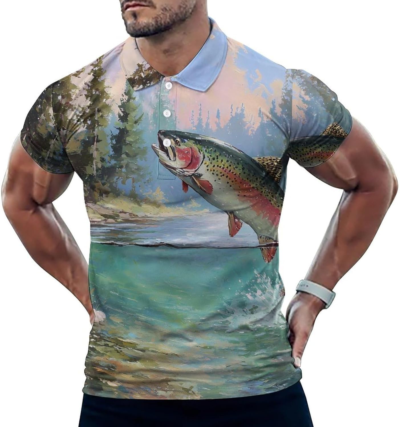 Trout Fish Lake Forests Men's Polo Golf Shirts Collared T-Shirt | short sleeve,three button,quick dry,machine washable,summer tee top