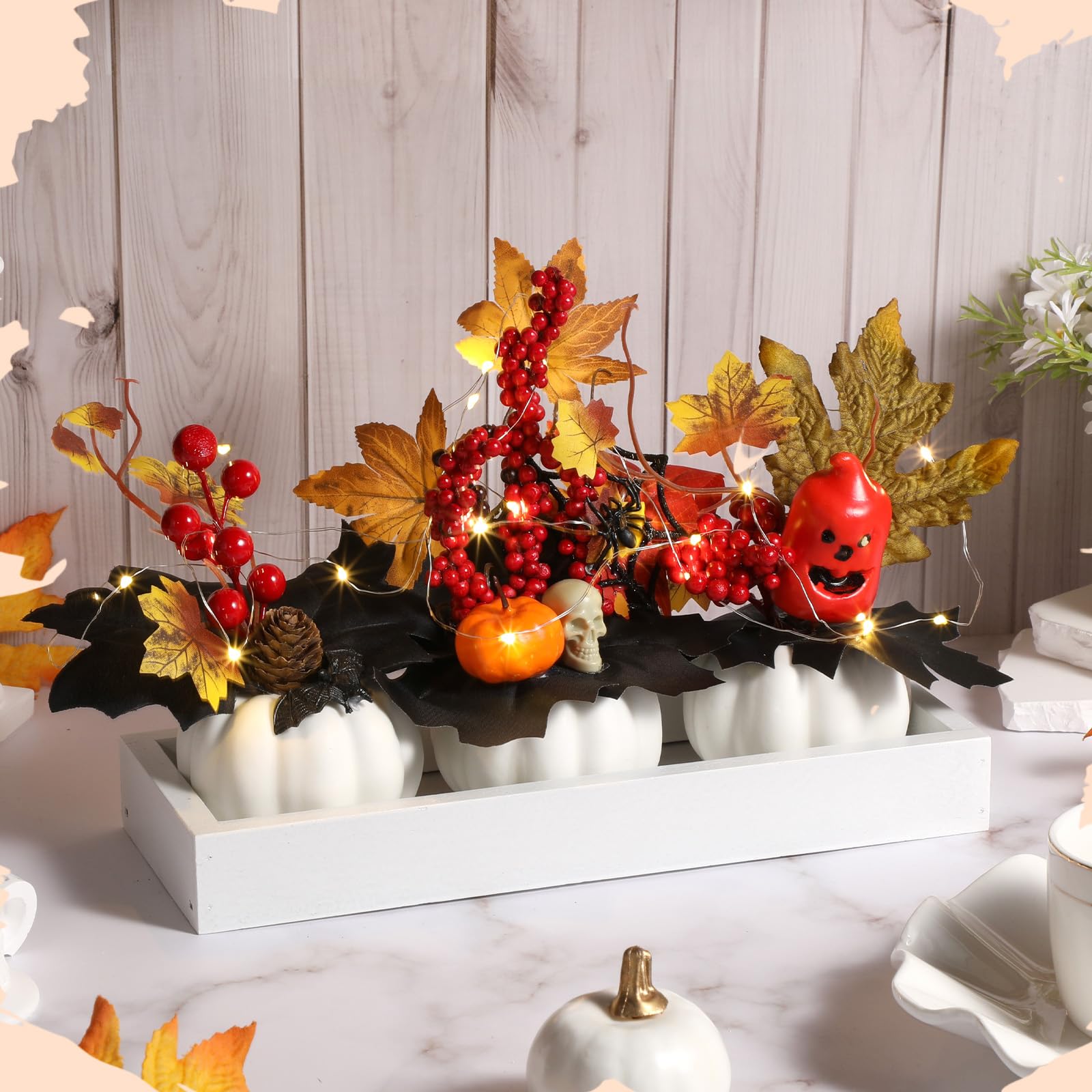 Yalikop Juego de 4 centros de mesa de calabaza de otoño con mini bandeja de madera y luz LED para cosecha, decoración del hogar, cocina, fiesta de Acción de Gracias, centro de mesa (blanco)