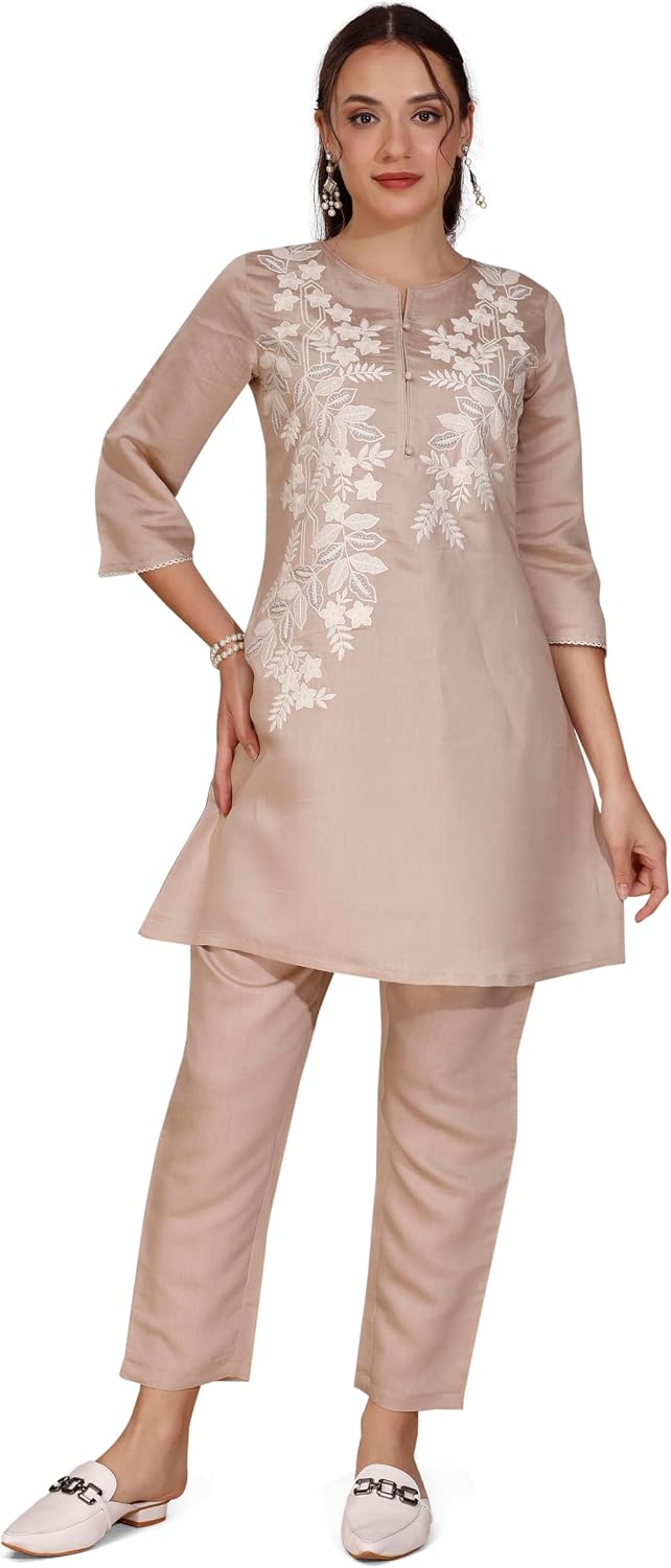Womanista Women Brown Colour White Thread Embroidery Work Co-Ord Set