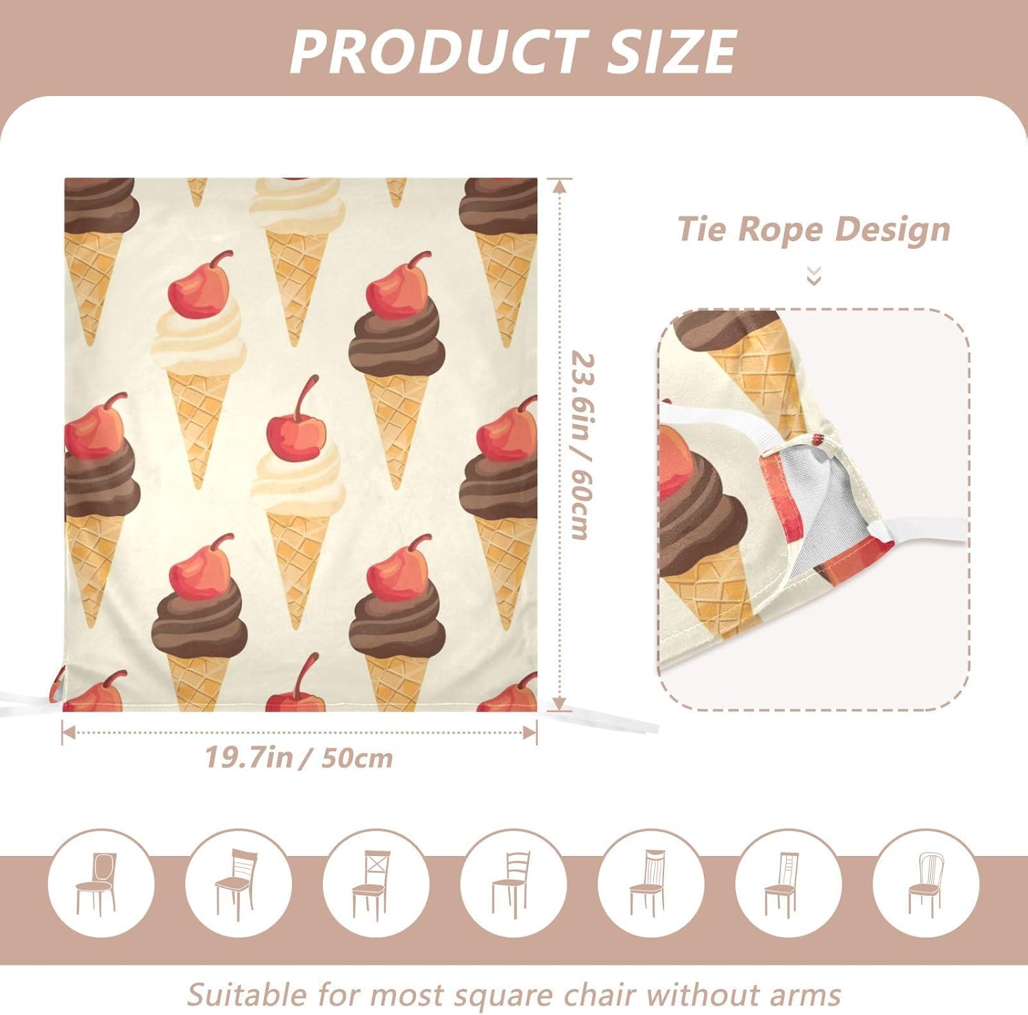 ALAZA Cherry Ice Cream Chair Back Cover Set of 6, Washable Reusable Removable Chair Slipcovers Decorative Chair Cover for Home Kitchen Wedding Party