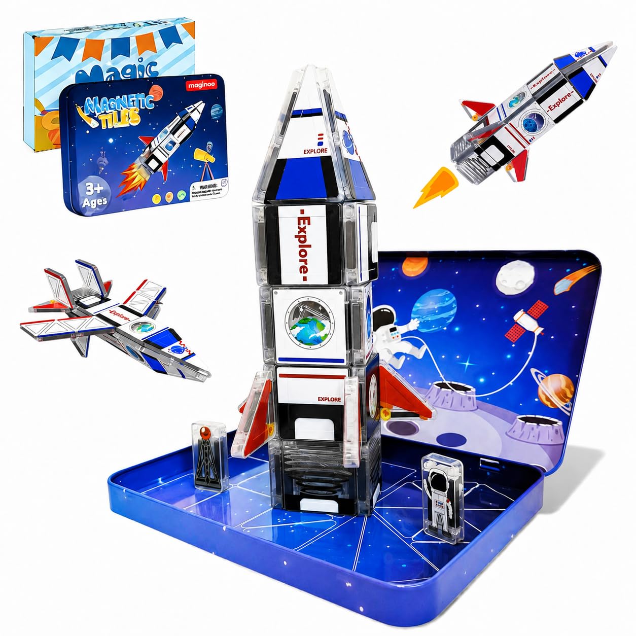 42PCS Mini Magnetic Tiles Space Rocket Toys, STEM Building Blocks Set