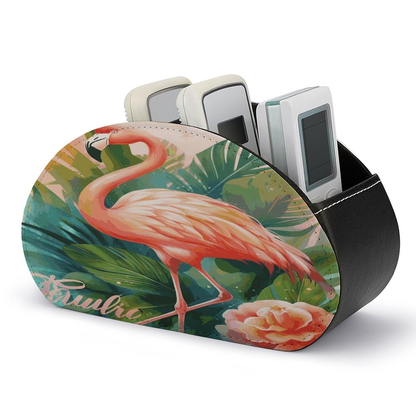 FekiLoot Tropical Flamingo1 Remote Control Holder, PU Leather Remote Control Organizer Box Stationery Remote Control Box Desk Storage Organizer for DVDs,Glasses,Pens,Media Players