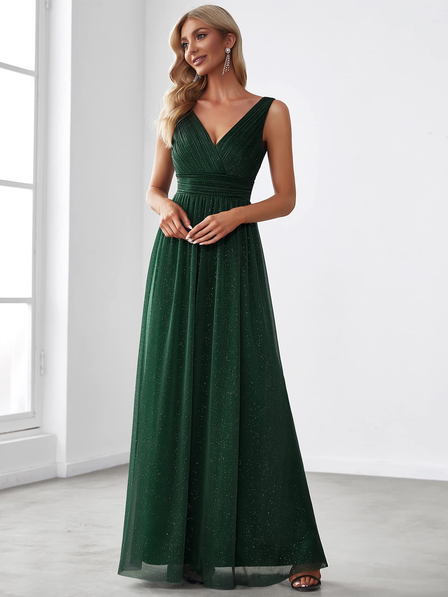 Ever-Pretty Damen V-Ausschnitt Ärmellos Hohe Taille Glitzer Elegant Lang Abendkleider EZ07764