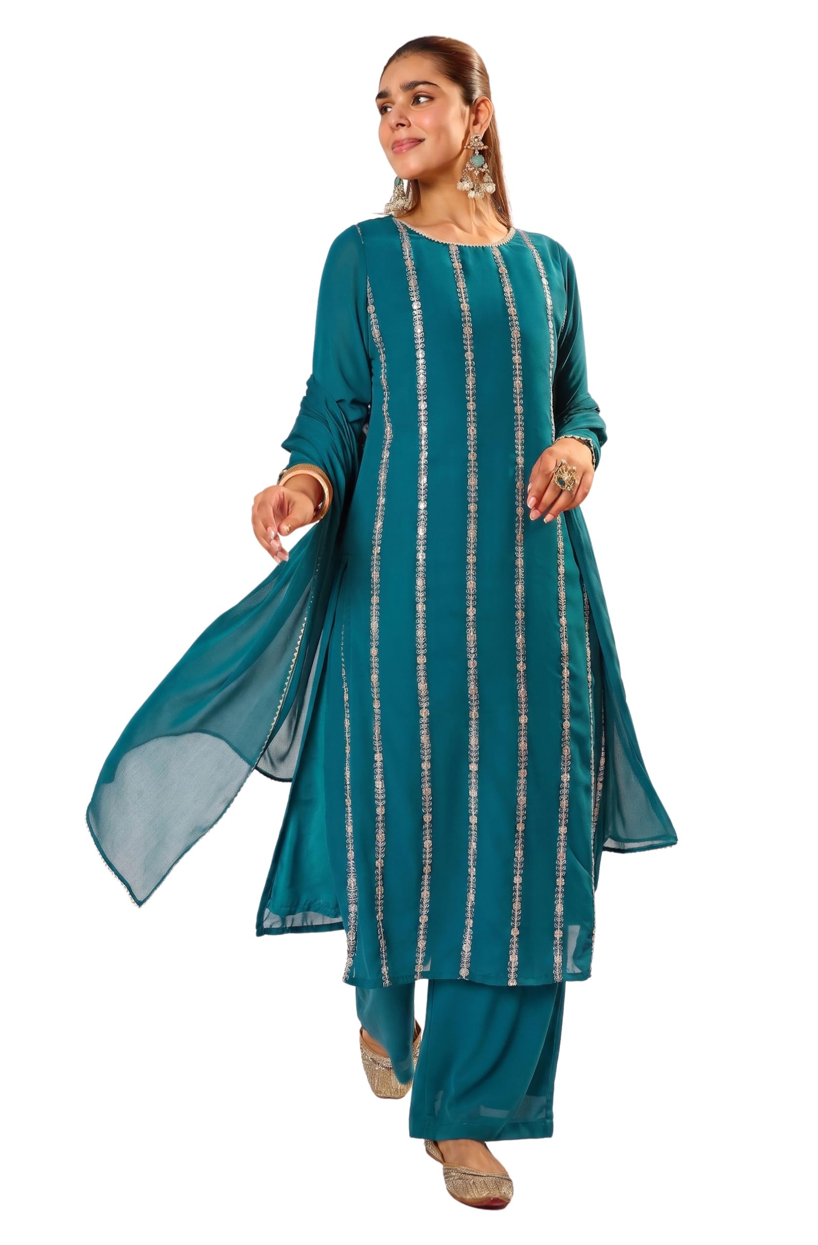 janasya Women's Sea Green Georgette Embellished Straight Kurta with Palazzo and Dupatta Set-picture-34