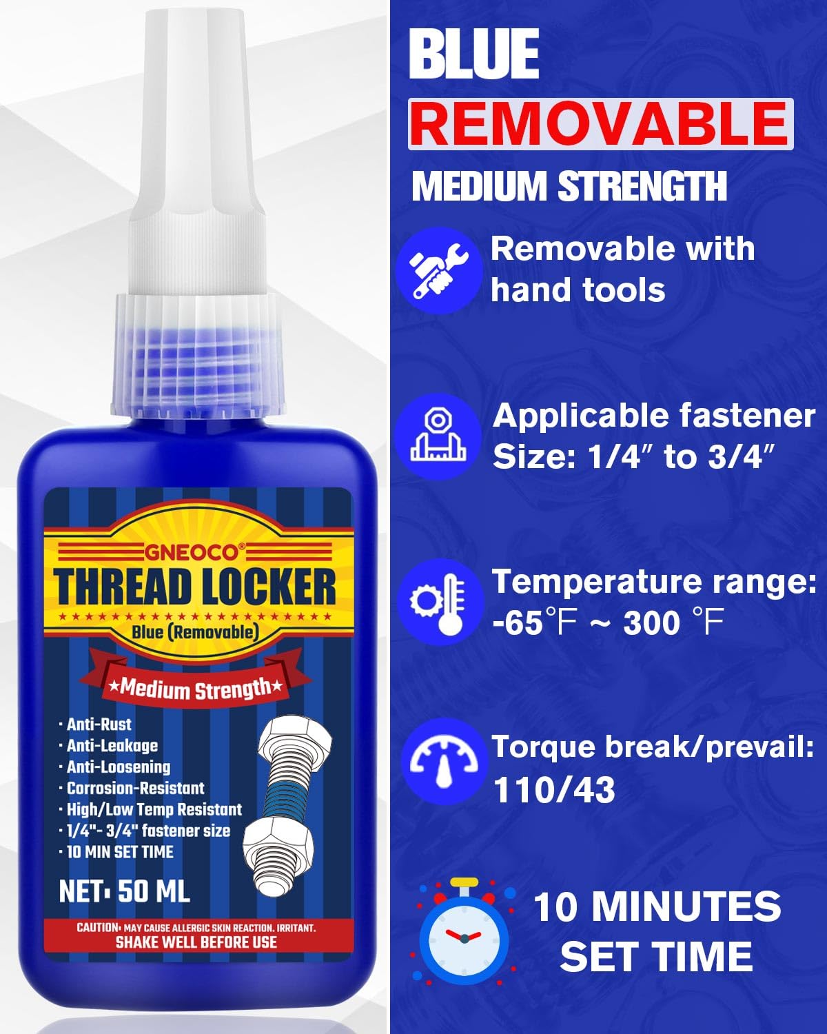 Thread Lock Blue 50 ml x 2, fijador de roscas de resistencia media, bloqueador de roscas para tuercas, pernos, sujetadores y metales, pegamento de tornillo de curado anaeróbico para evitar que