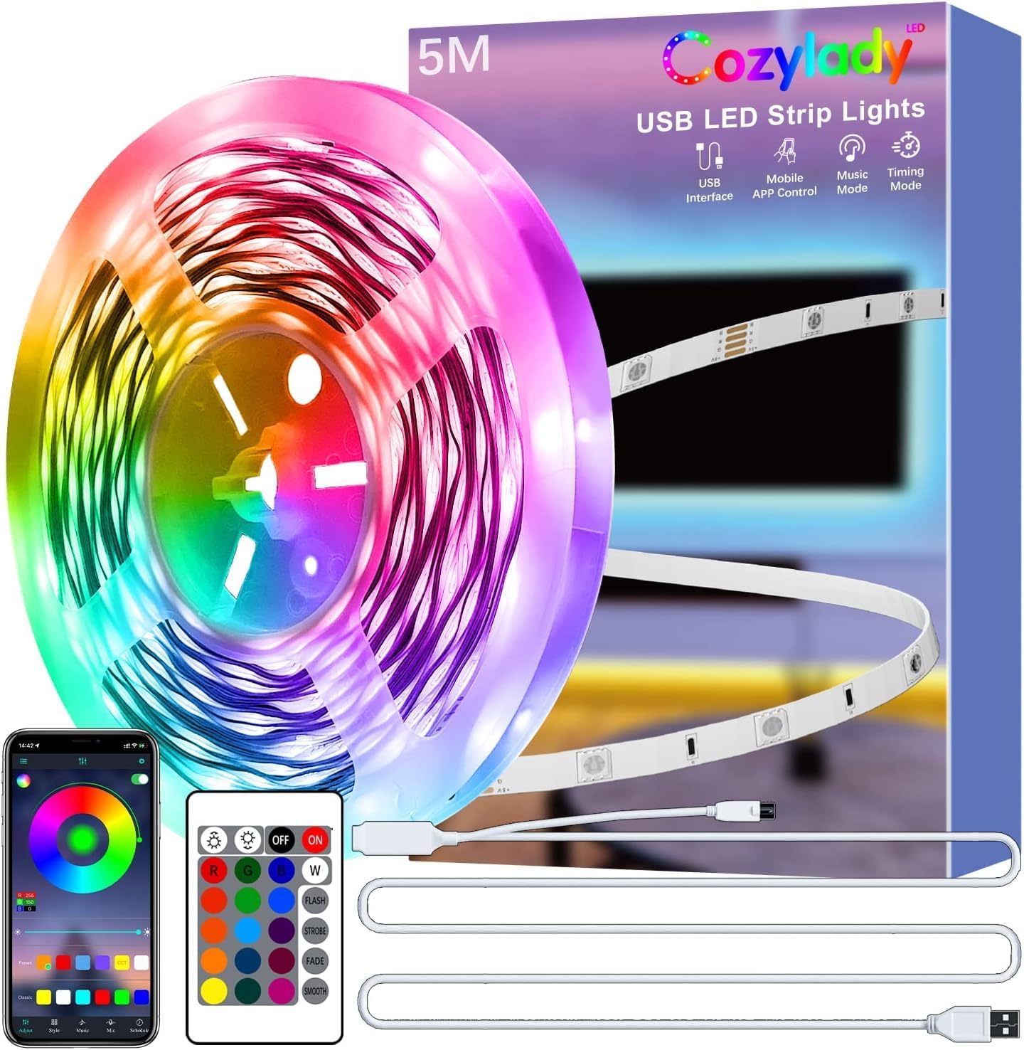 Cozylady 5M USB Led Light,Smart Bluetooth RGB Light with APP Control, Timer Setting, Music Mode, Led Light Strip for Decoration, Bedroom, PC,Cabinet（usb 5m-GM001）