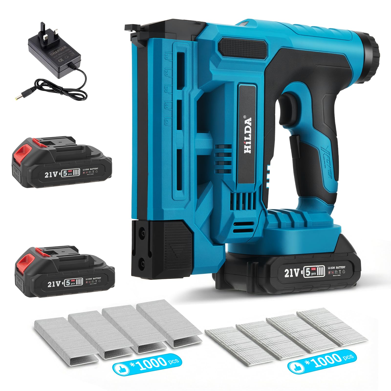 Delousiber Cordless Brad Nailer, Cordless Nail Guns 21V, 2 in 1 Electric Nail Gun/Staple Gun with 2X Batteries and Charger, 1000 Nails and 1000 Staples, Nailers & Staplers for Upholstery, Woodworking