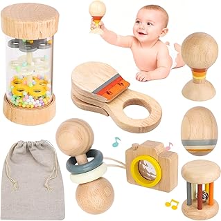 Sonajeros Bebé Montessori de Madera 7 Piezas – Juguetes Sensoriales 0+ con Palo de Lluvia y Sonajeros Variados – Regalo para Recién Nacidos