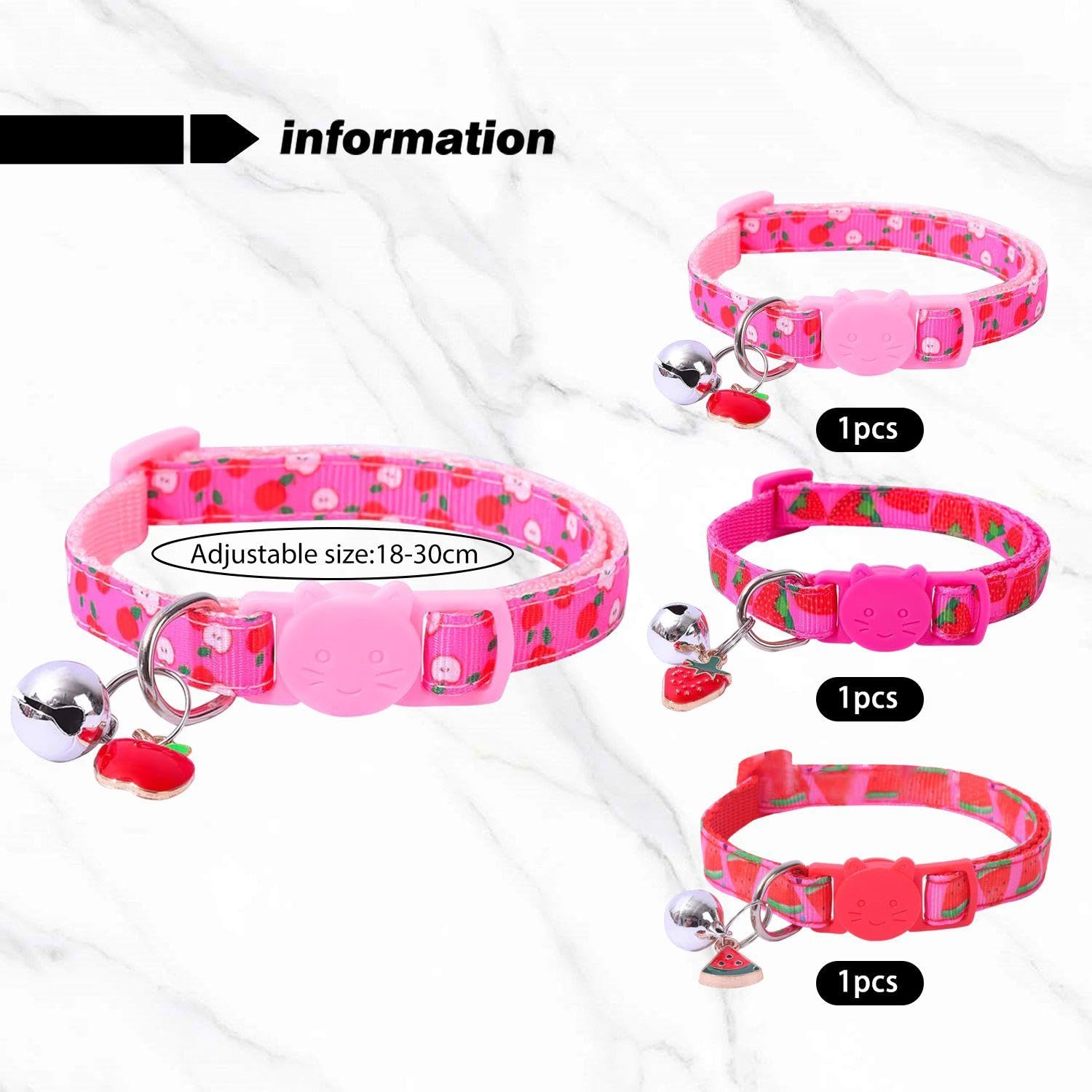 FFDHWU 3 Pieces Fruit Pet Collar, Kitten Collar, Pink Cat Collar, Kitten Collar With Bell, Cat Collar for Girls Loud Cat Bell On Collar - Image 2