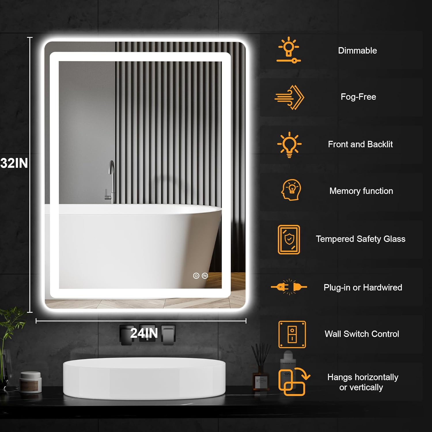 TRAHOME LED Bathroom Vanity Mirror 32"x24" with Lights, Front and Back Lit Wall Mirror, Anti Fog, Dimmable 3 Color Light, Memory Function, Shatterproof Glass, Plug in or Hardwired