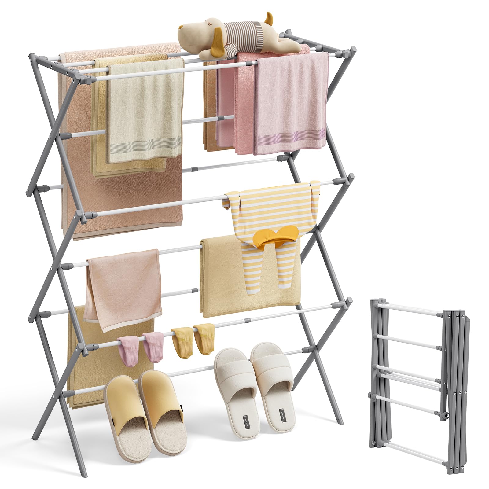 KINGBOARD Clothes Airer, Foldable Clothes Drying Rack with 11 Poles, 3-Tier Clothes Horse extensible, Laundry Drying Rack Indoor Outdoor, Grey