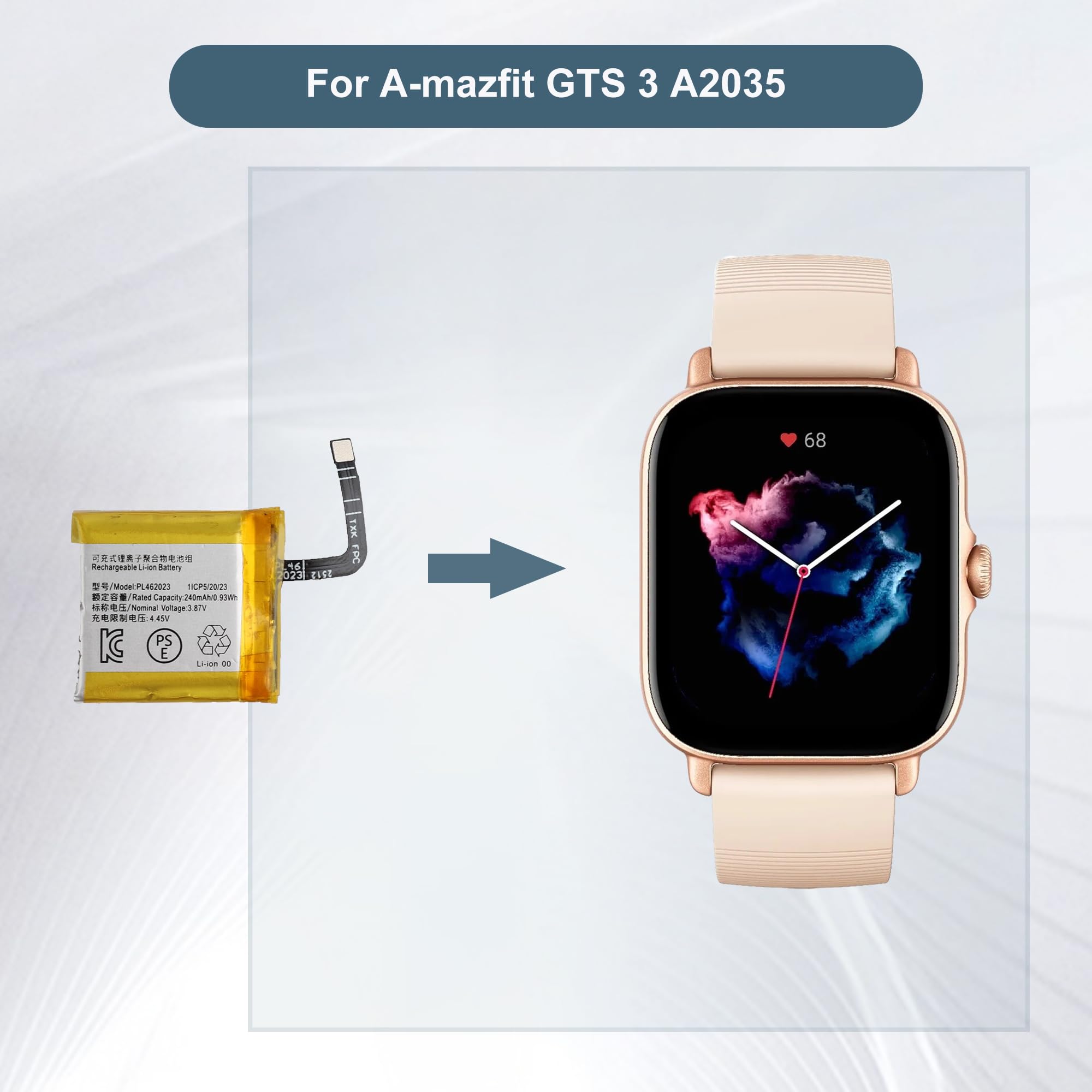 pl462023 akumulator zastępczy 240 mAh/3,87 V kompatybilny z Amazfit GTS 3 A2035 Smartwatch z narzędziami