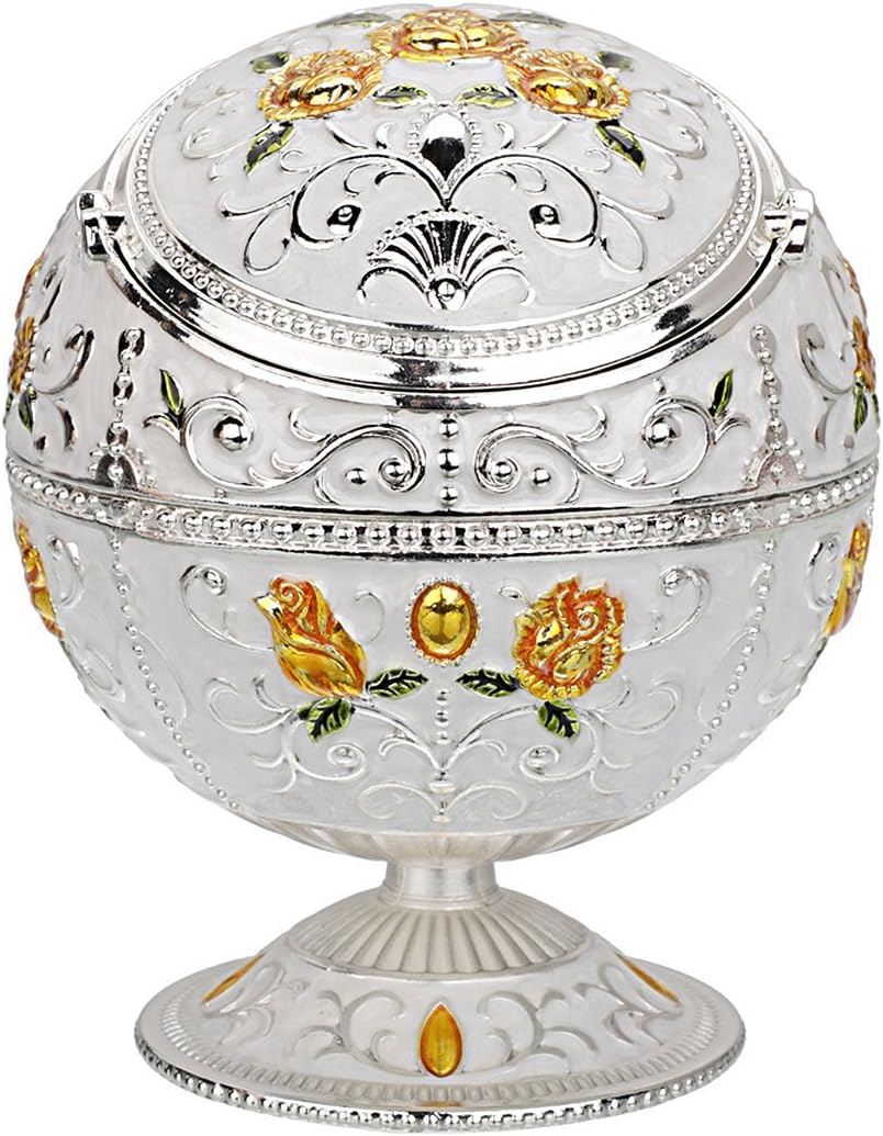 LAUYOO Windproof Ashtray with Lid for Cigarettes Metal Portable Cigar Ashtray Odor Eliminator for Indoor outdoor Hand Stamped Rose Pattern with Sparkle Fancy Gift for Men Women(Silver-Green Leaf)