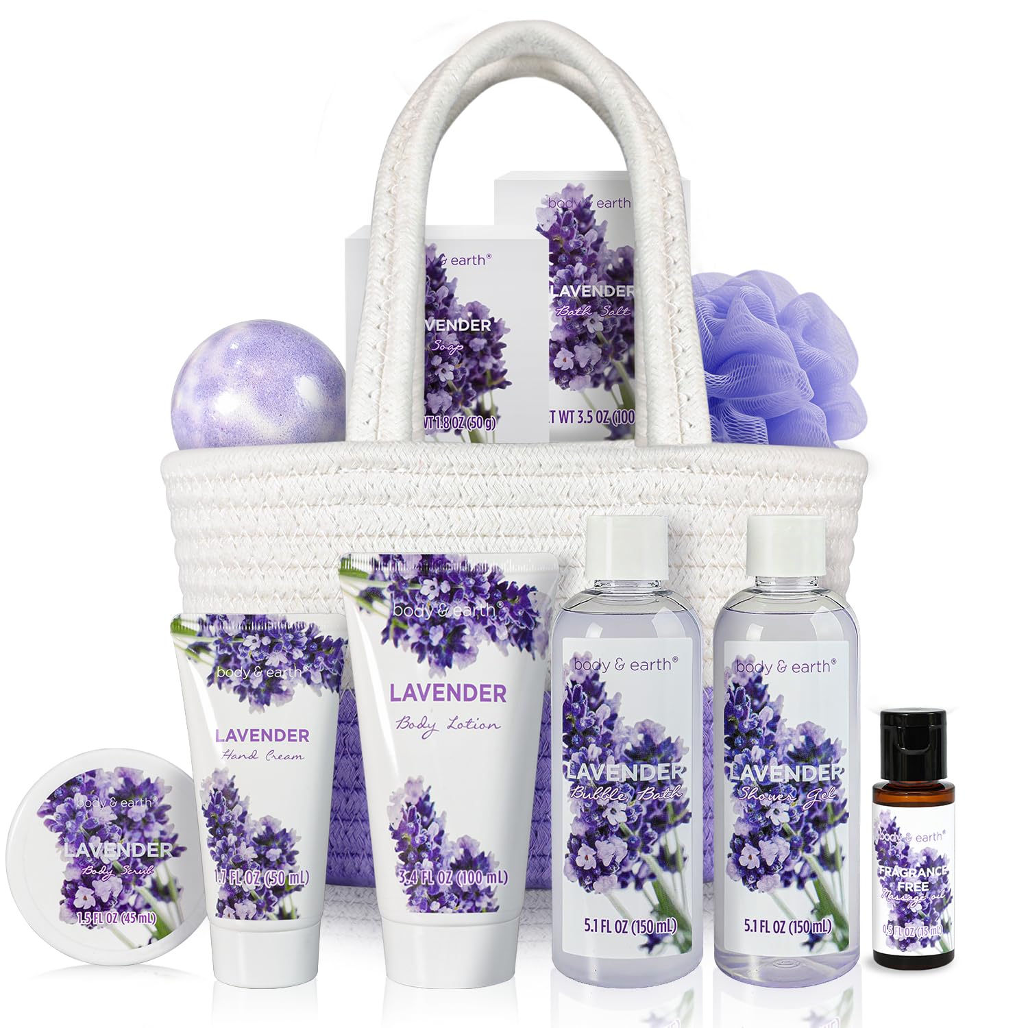 BODY & EARTH Spa Gift Baskets for Women - 11pcs Lavender Gift Sets with Bubble Bath, Shower Gel, Lotion, Birthday Gifts for Women, Spa Kit for Mom Gifts, Purple Gifts
