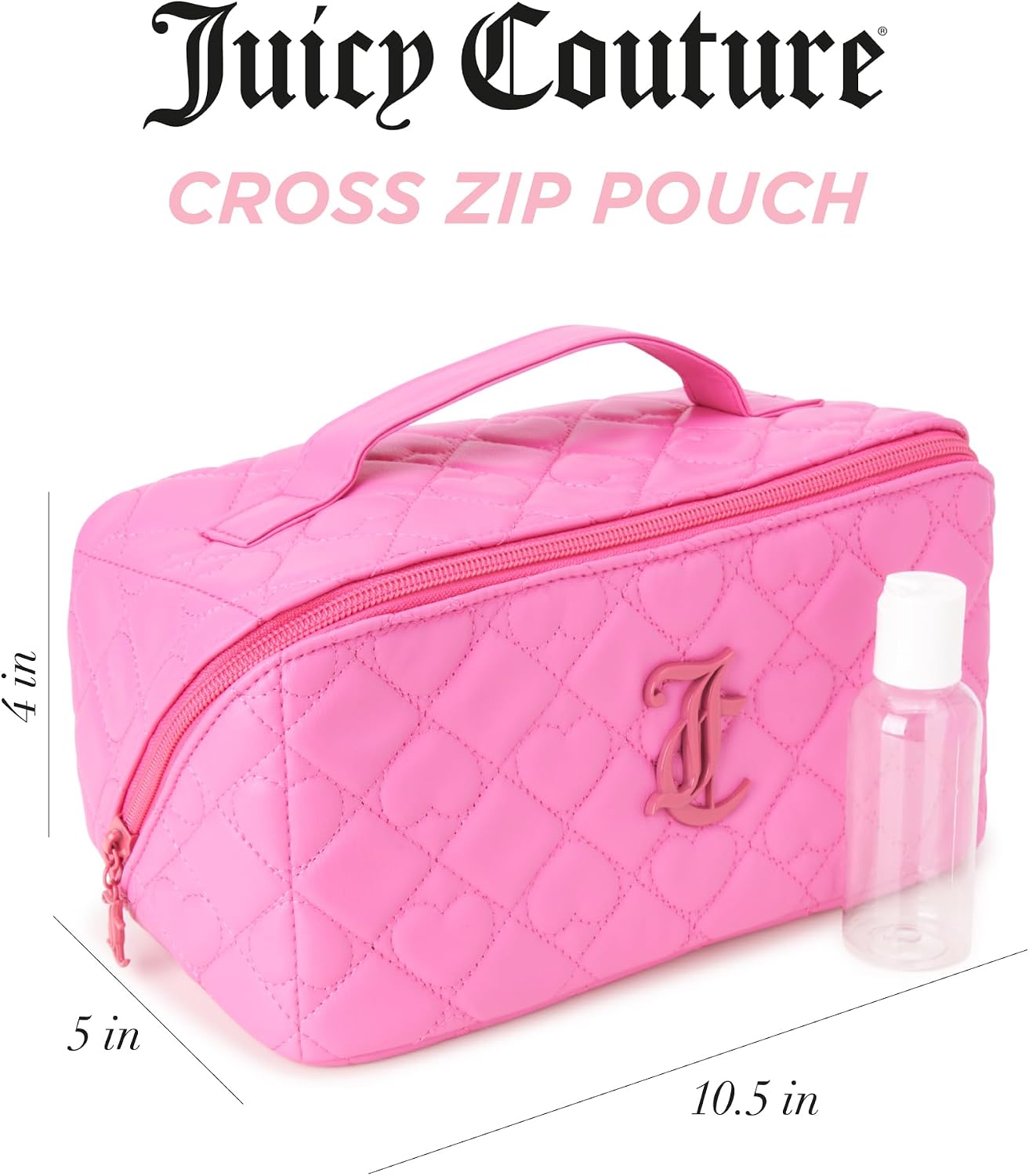 Juicy Couture Pink Makeup Bag Cosmetics Organizer Travel Essentials Cross Zip Faux Leather Quilted Heart