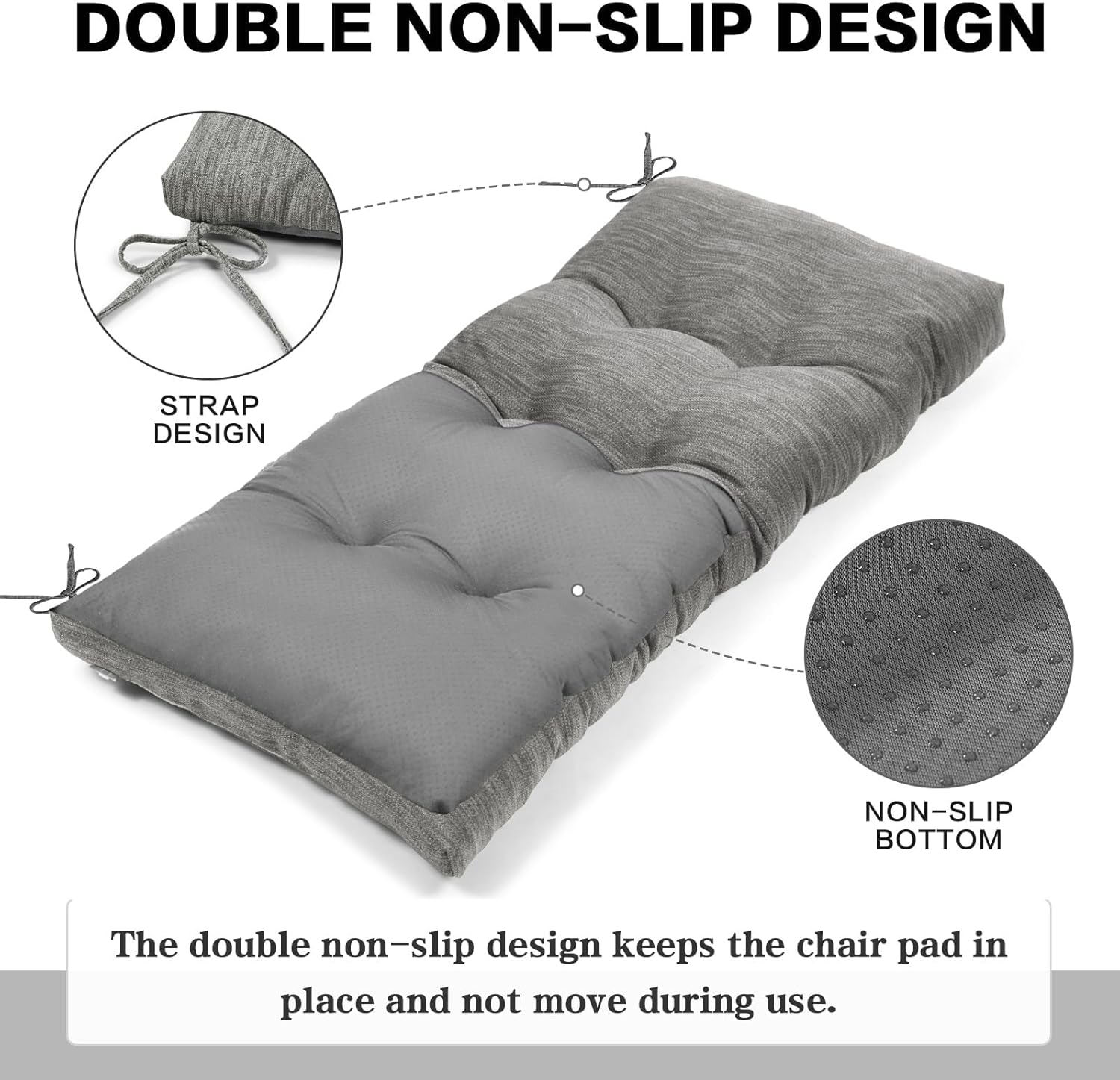 baibu 48 Inch Classic Solid Color Bench Cushion with Ties, Super Soft Indoor Outdoor Rectangle Bench Seat Cushion Standard Size Foam Pad with Non-Slip Bottom - One Pad Only (Grey, 48x15x3in)