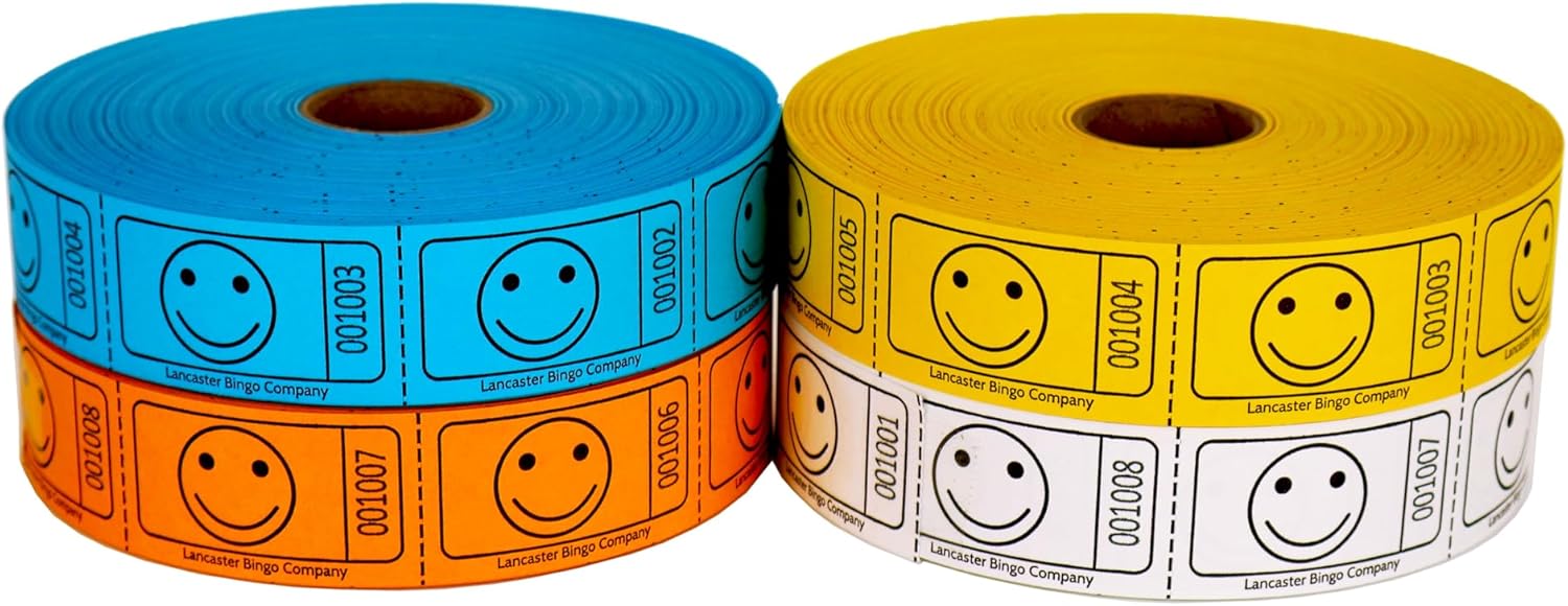 Smiley Face Roll Ticket 1,000 Ticket Roll 8 Pack Assorted Colors - Consecutively Numbered - Perforated