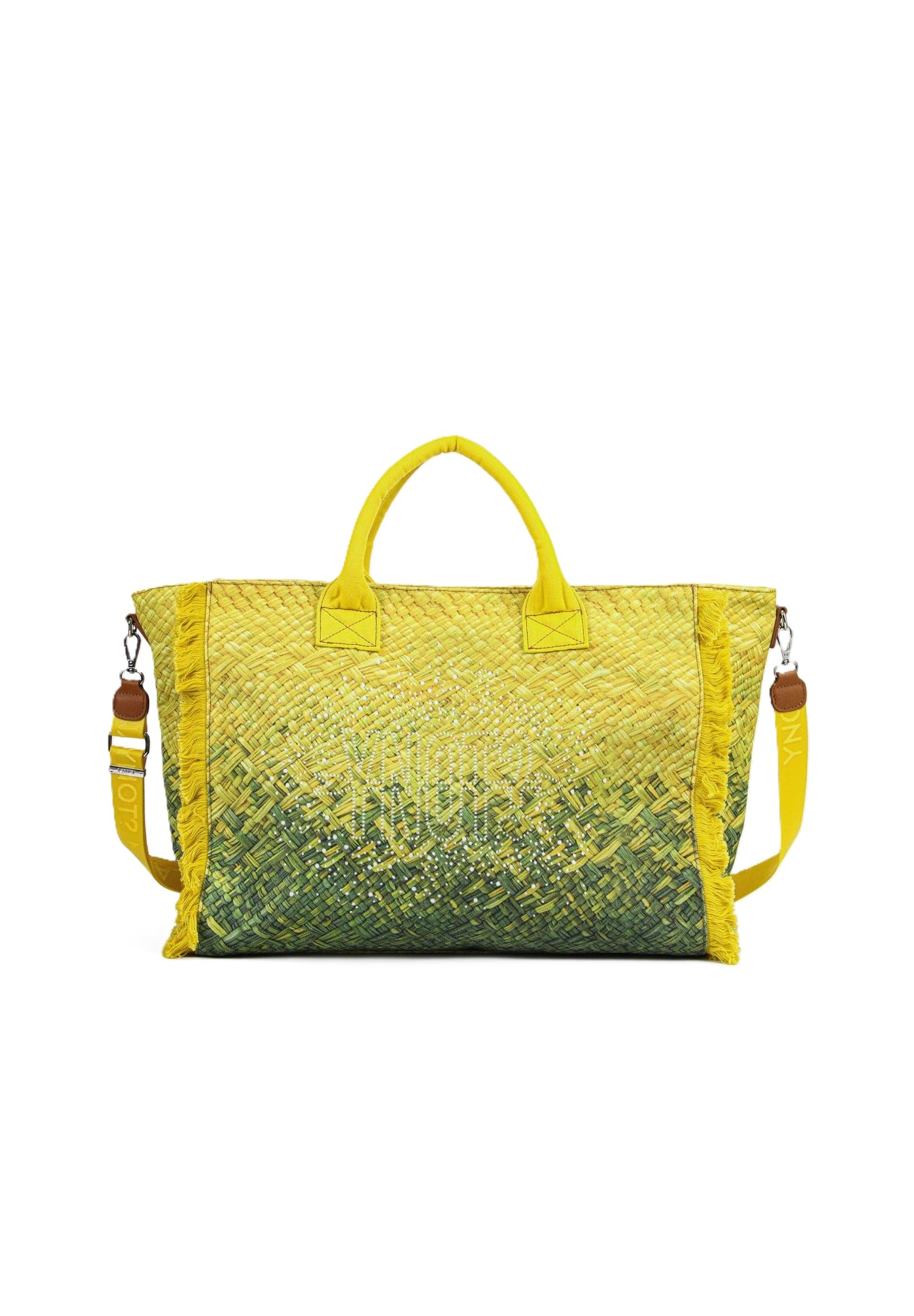 YNOT Borsa Mare Tote Macao MAC001S6, Nylon, Effetto Intrecciato Sfumato Lime, 57x33,5x19 cm, Tracolla Amovibile