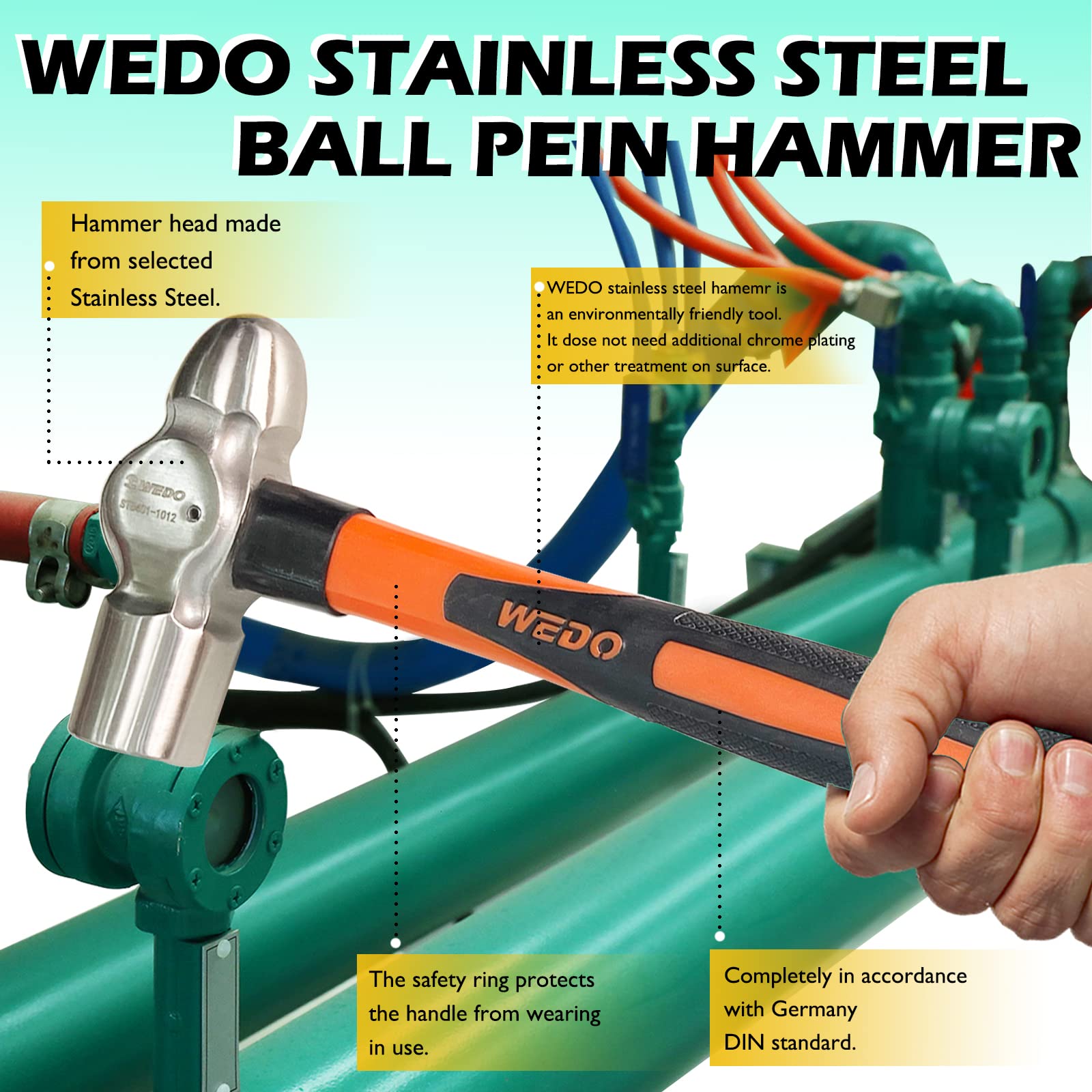 WEDO Martillos de bola inoxidable con mango de fibra deVidrio,martillo de bola Peen,resistente a losgolpes,resistente a la corrosión,duradero,respetuoso del medio ambiente,910g,longitud de 350mm