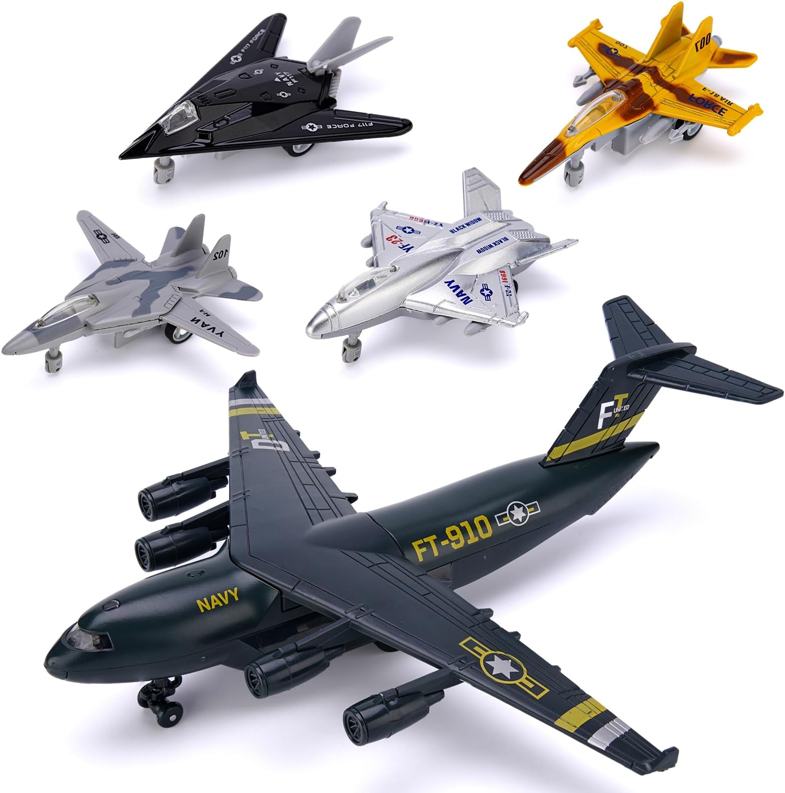 Crelloci 5 Pack Army Navy Airplane Toys Set with Light & Sounds, Military Fighter Jet Die Cast Plane Metal Aircraft Toy, Pull Back Aircraft Gift for Kids Toddlers Boys Girls Ages 3+