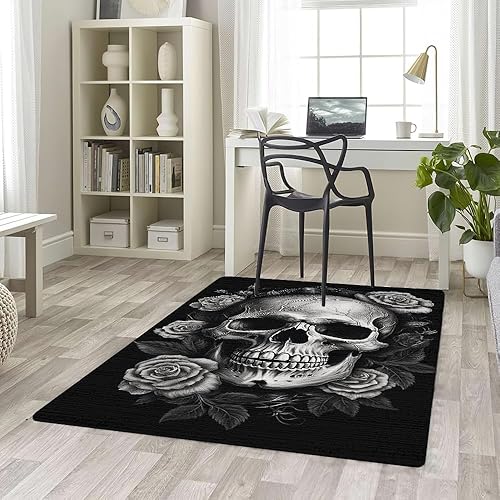 Miniatura 5 de Alfombra de Halloween aterradora con diseño de calavera, color negro, diseño de calavera y rosa, alfombra de pasillo de Halloween, entrada al aire