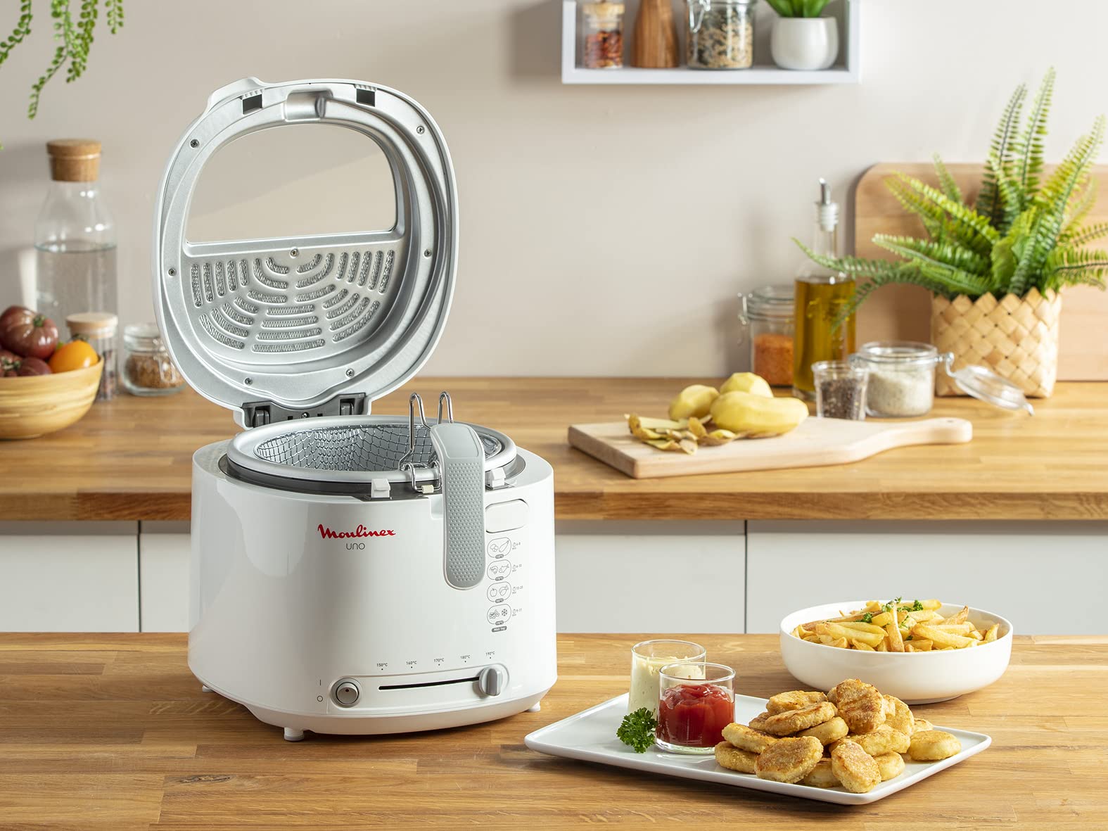Moulinex AF2031 Friggitrice, Uno, Capacità di 1 Kg per 4 persone, Capacità olio 1,8 L, Bianco