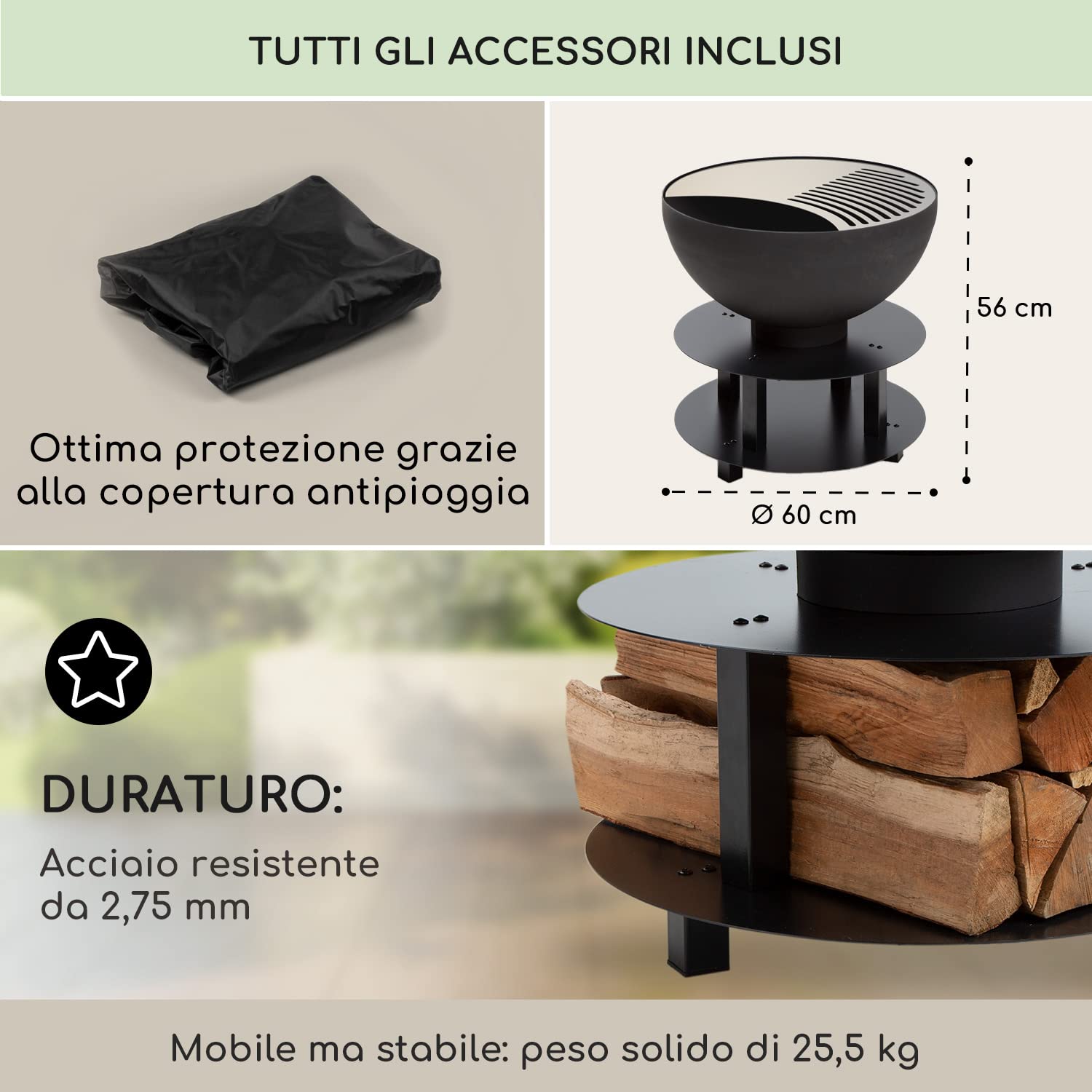 Blumfeldt Braciere da Giardino, Bracere da Esterno Portatile con Griglia, Braciere Barbecue con Griglia in Acciaio Inox, Bracere da Esterno Legna, da Campeggio Copertura 60 x 56 x 60 cm