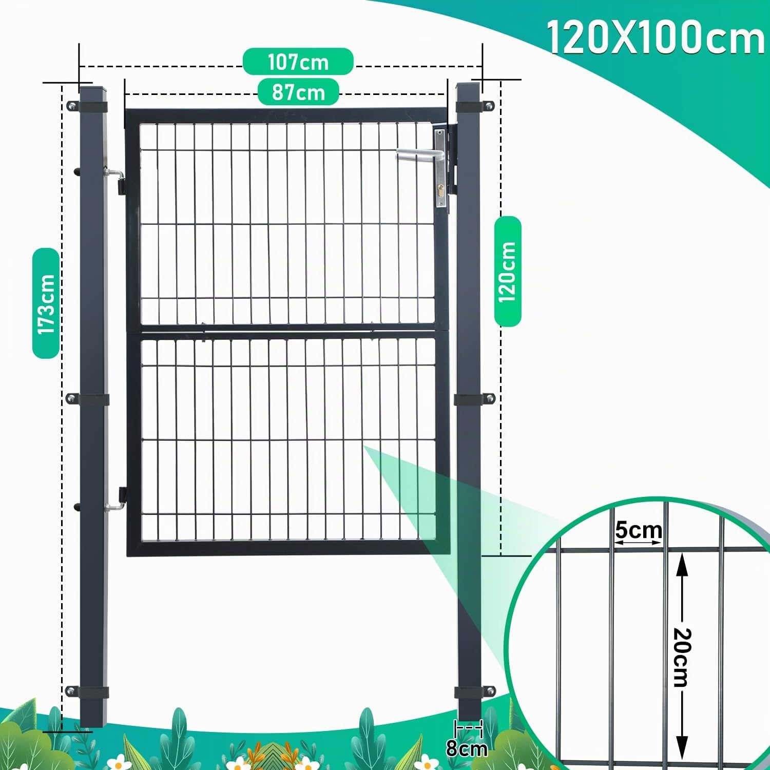 Daromigo Portail de jardin en métal - 120 x 100 cm - En acier galvanisé - Avec poignée, serrure et 3 clés - Porte de clôture robuste - Clôture de jardin - Anthracite