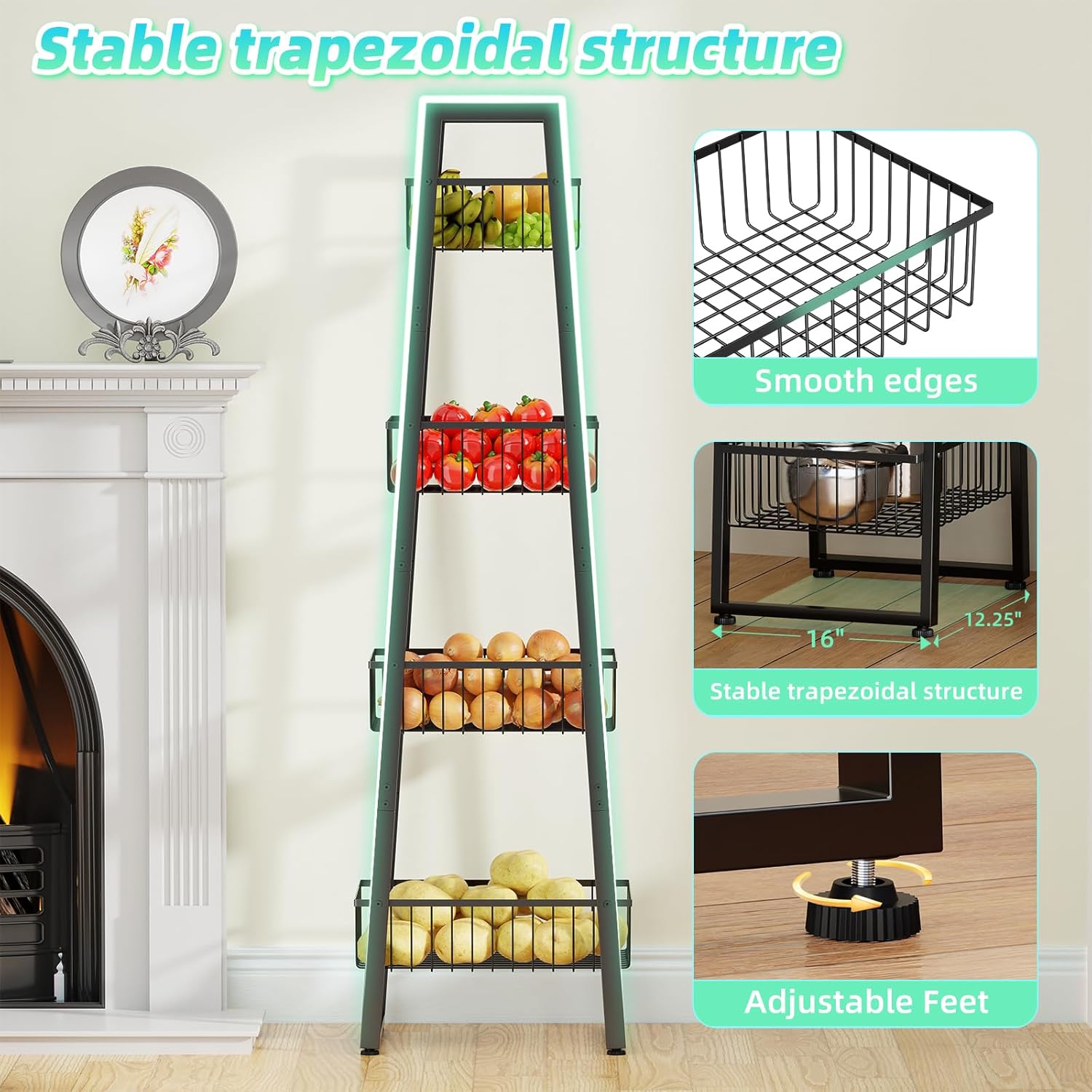 Simple Trending 4 Tier Wire Market Basket Standw, Fruit Basket Storage Stand for Vegetables, Bread, Onions, Potatoes, Black