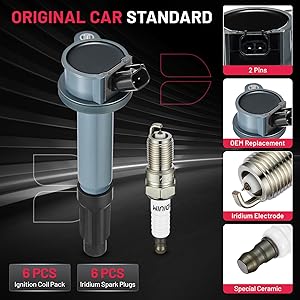 BDFHYK Ignition Coil Pack UF486 and Iridium Spark Plugs XP104 Compatible with Lincoln Zephyr,Compatible with Mercury Milan, Tribute, Fusion 3.0L V6 IGC0158 5C1651 DG514 SP433,Sets of 6