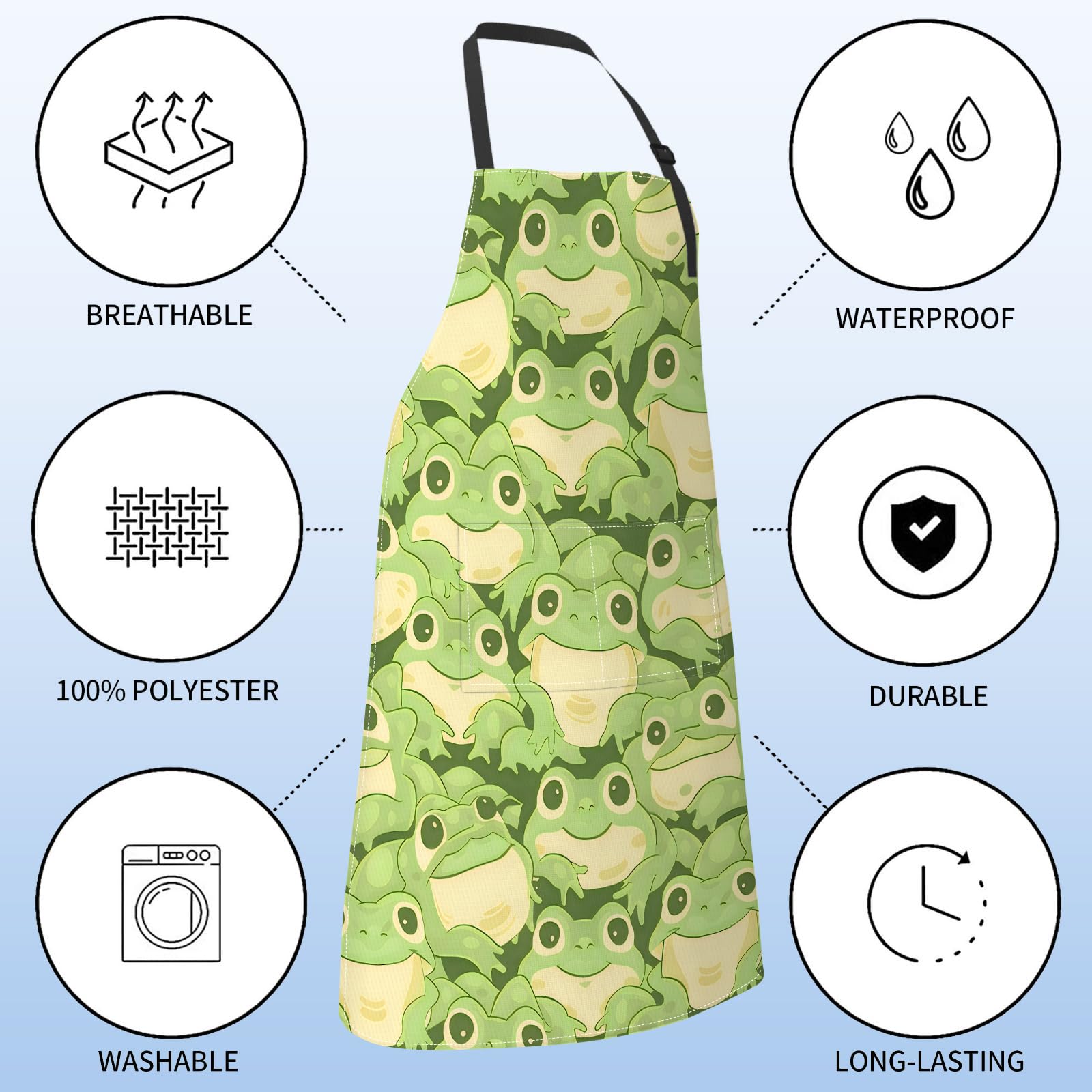 Bonito delantal de rana para mujeres y hombres, 27 x 31 pulgadas, divertidos delantales de cocina de dibujos animados con 2 bolsillos