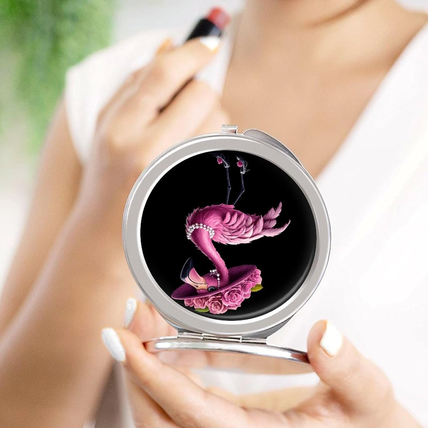 Beautiful Flamigos Lady Compact Makeup Mirror Mini Foldable Cosmetic Mirror Portable Travel Mirror for Purse Pocket
