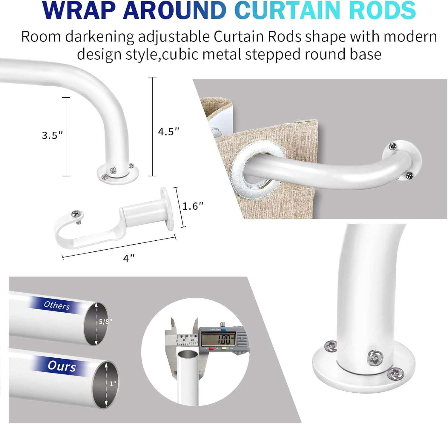 Energy Saving Wrap Around Black Out Return Adjustable Window Curtain Metal Rod Set, 1-inch Diameter, 84" to 120", Glossy White