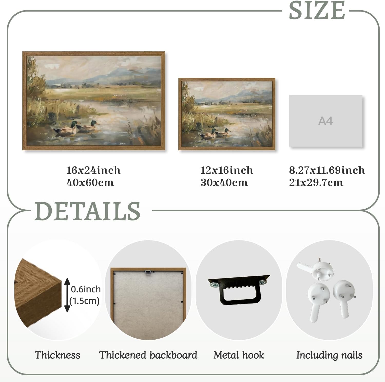 Clicyre Vintage Mallard Duck Swimming on Pond Canvas Wall Art Decor, Rustic Wildlife Nature Painting for Cabin Lake House Woodland Lodge, Framed Waterfowl Bird Pictures for Man Cave Men's Gift 12x16