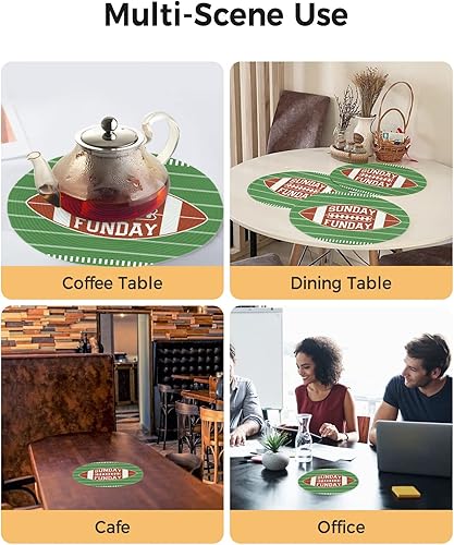 Miniatura 5 de Juego de 4 manteles individuales redondos, manteles individuales deportivos de fútbol, lavables, tejidos, con rayas verdes, trenzados, resistentes