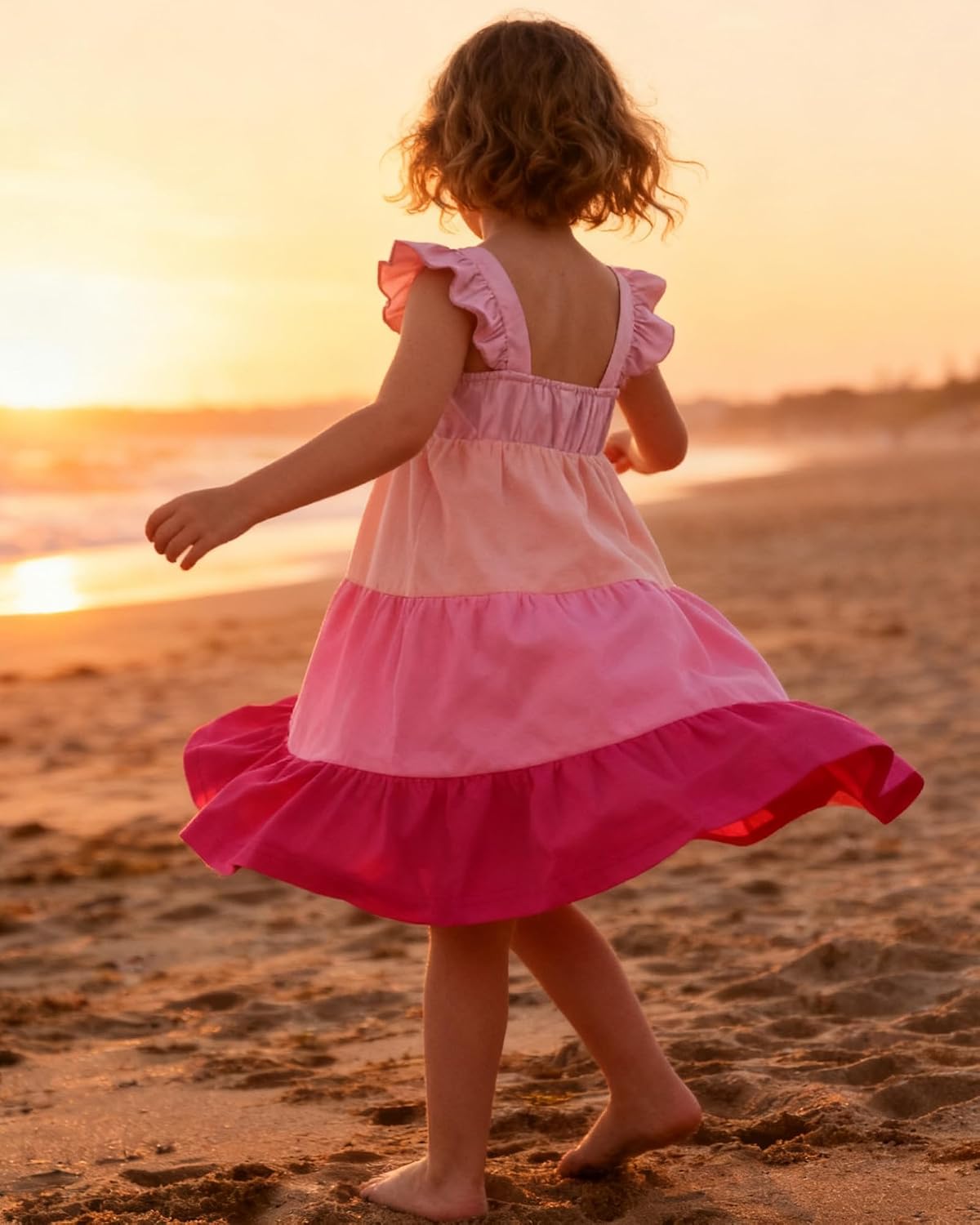 YALLET Girls Casual Color Block Tiered Dress Ruffle Strap Sundress 2-8Y image 3