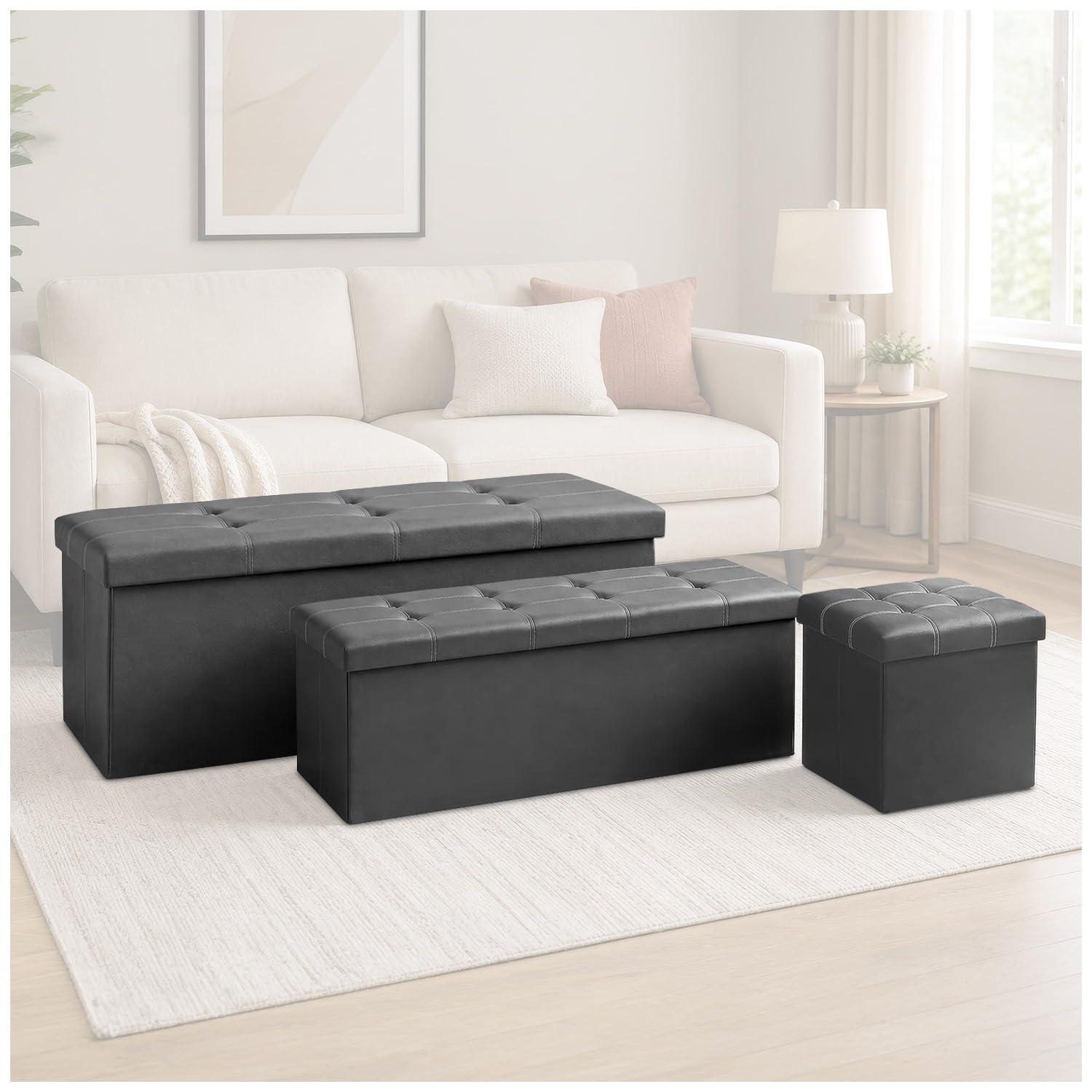 GC GAVENO CAVAILIA Leather Ottoman Storage Box Large With Lids, Charcoal