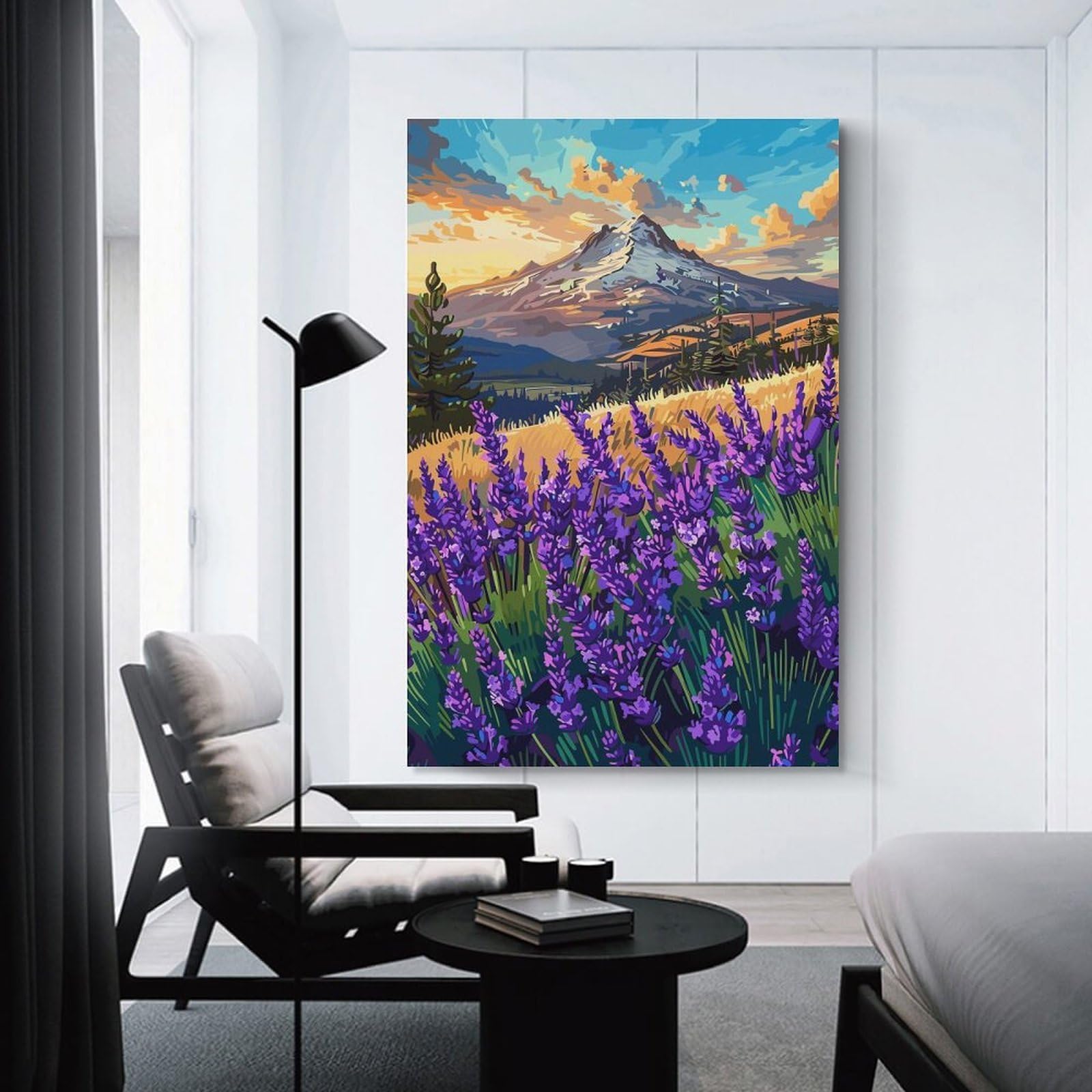 Junmoney Wall Art Print Lavender Field with Mountain, 16x24inch(40x60cm), for Hallway, Bedroom Or Modern Interiors, Thoughtful Wall Decor for Art Lovers