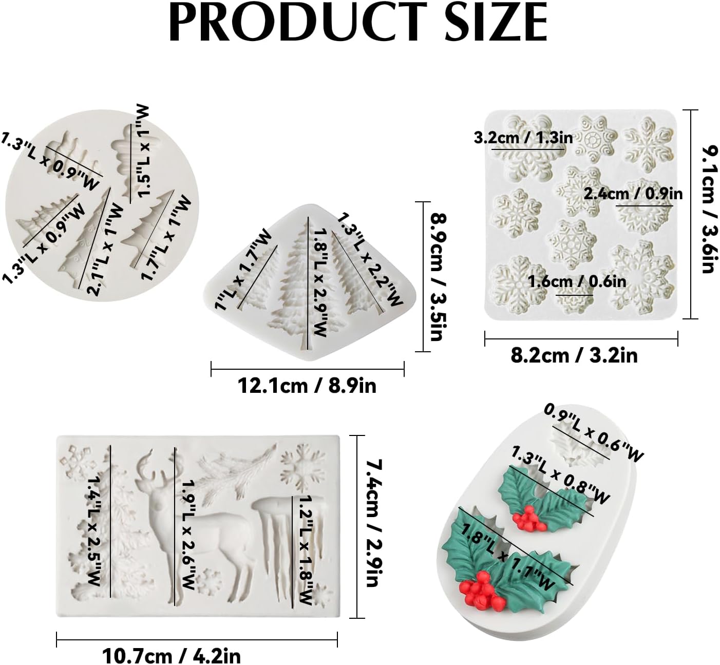 Christmas Fondant Mold Set of 5 Pieces- 3D Snowflake, Christmas Tree, Reindeer, Holly Leaf, Cupcake Topper for Cake Decorating Tools