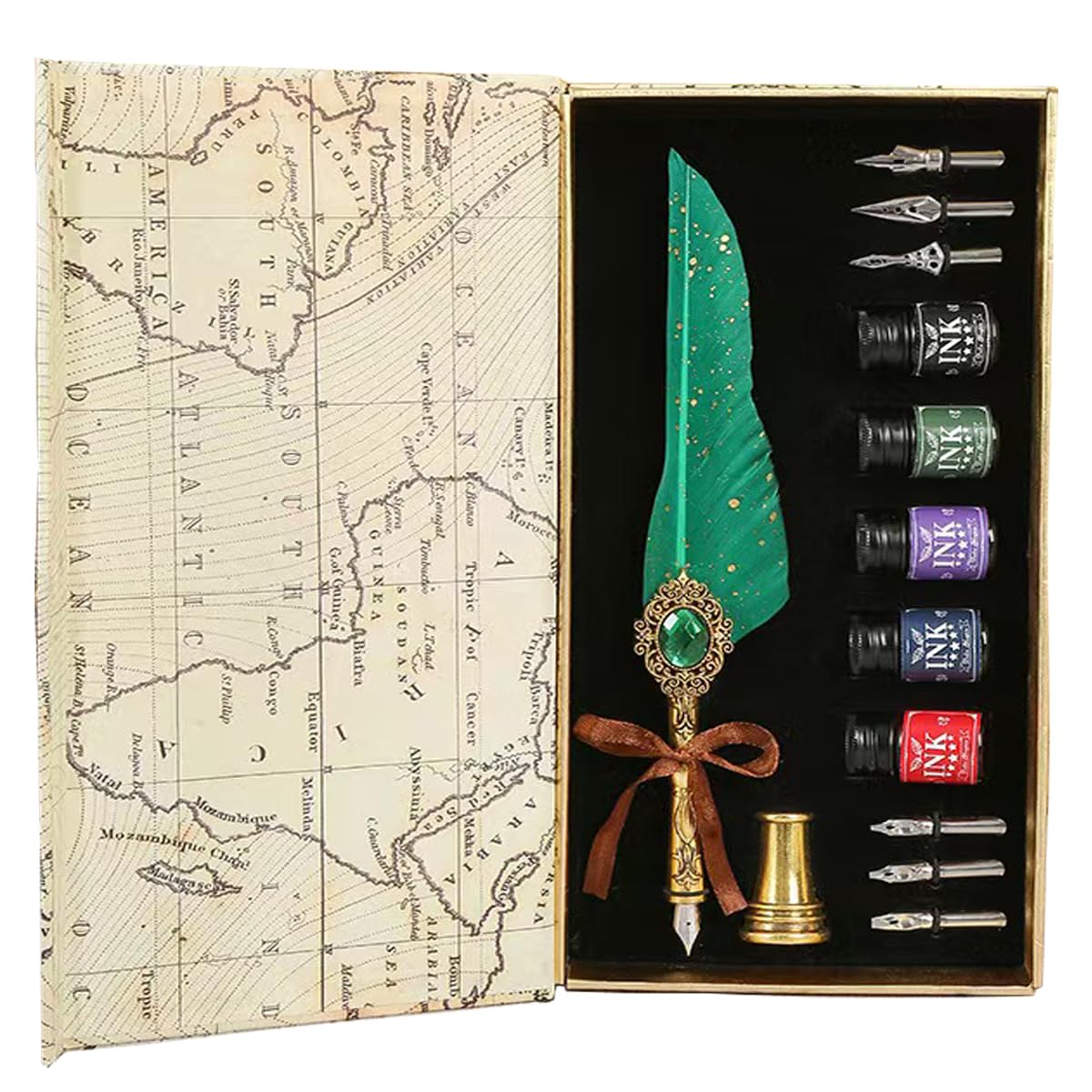LSFCHYBY Gemstone Quill Pen and Ink Set,Feather Pen Ink Set, Wax Seal Stamp Set