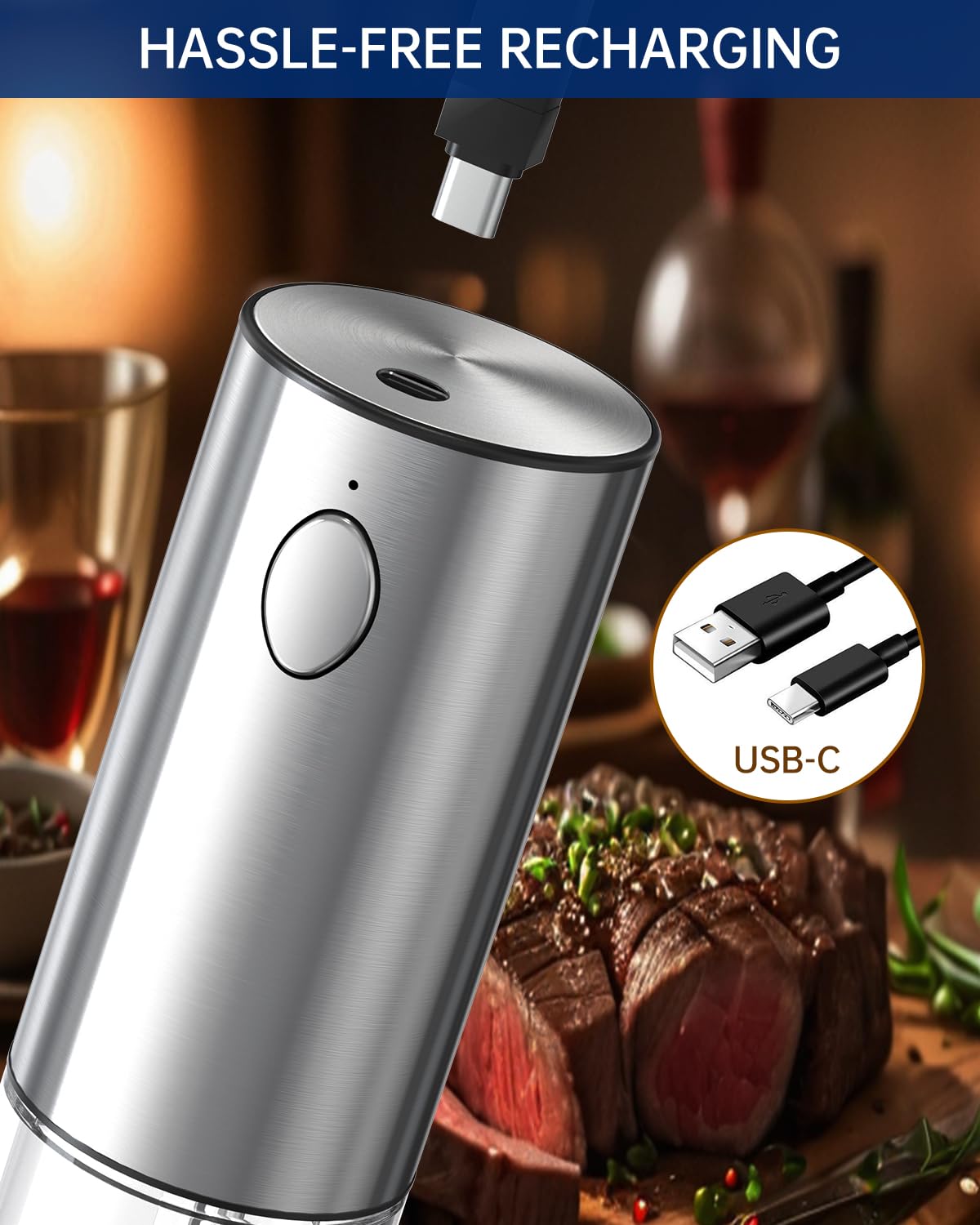 CIRCLE JOY Wiederaufladbares Elektrisches Salz und Pfeffermühlen Set aus Edelstahl mit Sockel mit 95ml Transparenter Behälter, Weißem LED-Licht und Extern Einstellbare Rauheit, Silber