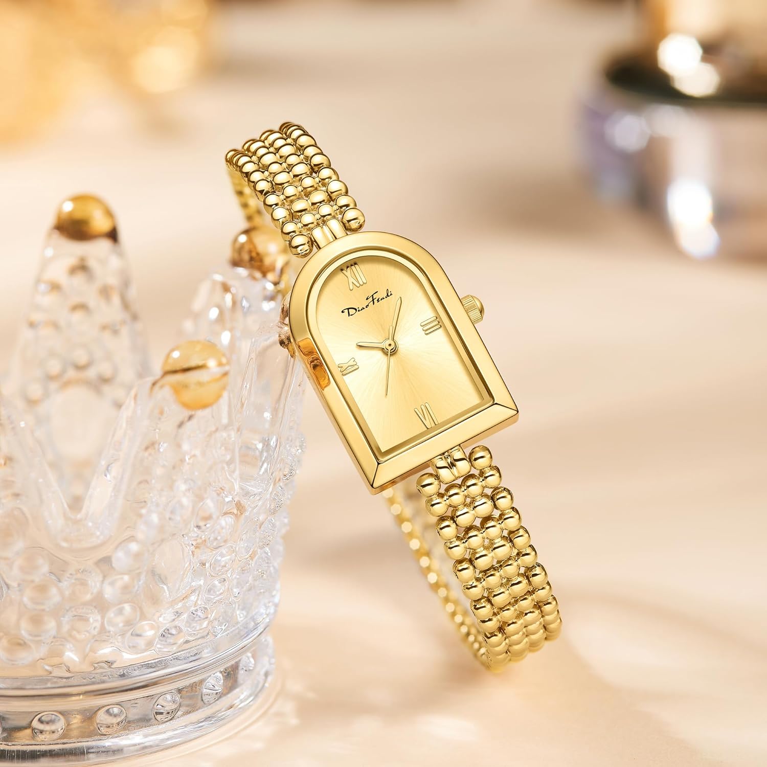 Diaofendi Petite Arch Gold Women’s Watch, Elegant Waterproof Ladies Watch with Japanese Quartz Movement, Adjustable Strap with Fit Tool D36323-All Gold image 4 of 6 B0DR836FD7