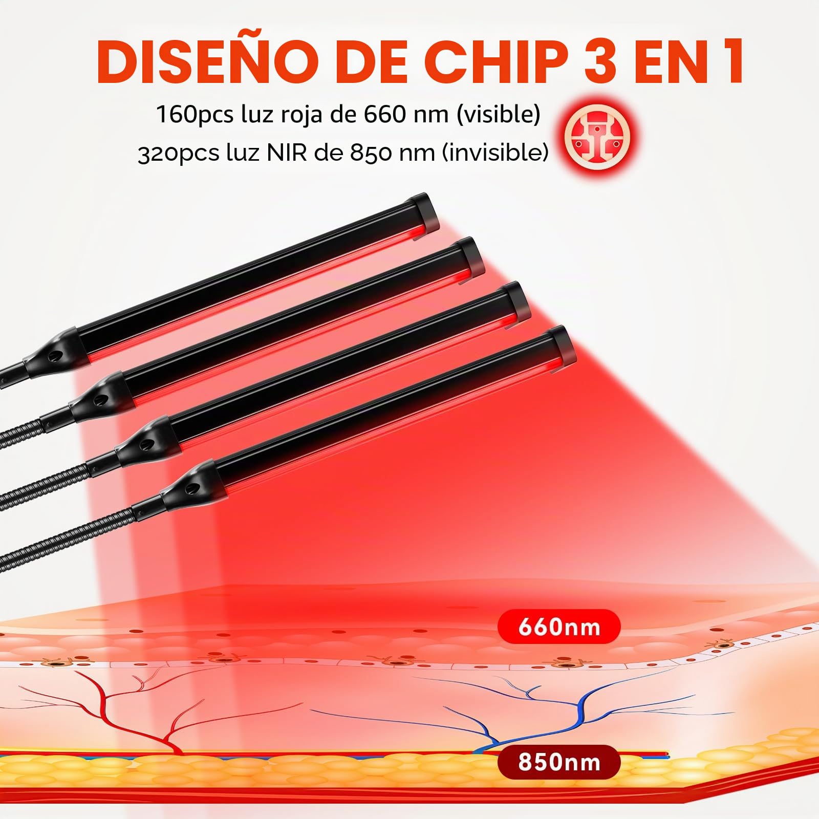 Viconor Ámpara De Terapia Luz Roja, Infrarroja 4 Cabezales Para Dispositivo Corporal Con Soporte Ajustable, Roja 660 Nm Y Cercana, L