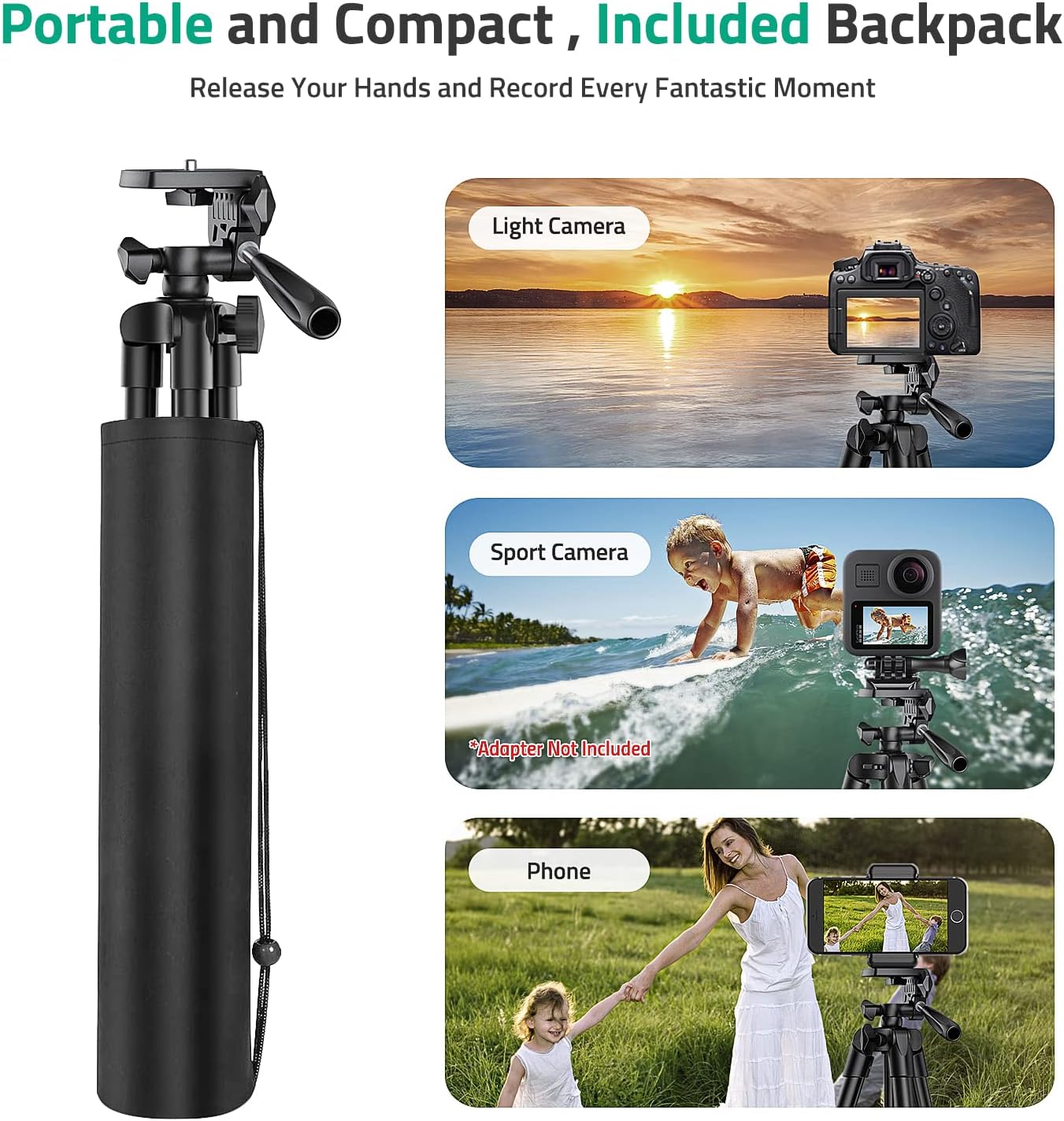 Camera Tripod, 55" Phone Tripod Stand with Remote Shutter, Carry Bag for Travel Record/TIK Tok/Photography/Live Stream/YouTube Video, Compatible DSLR and Smartphone