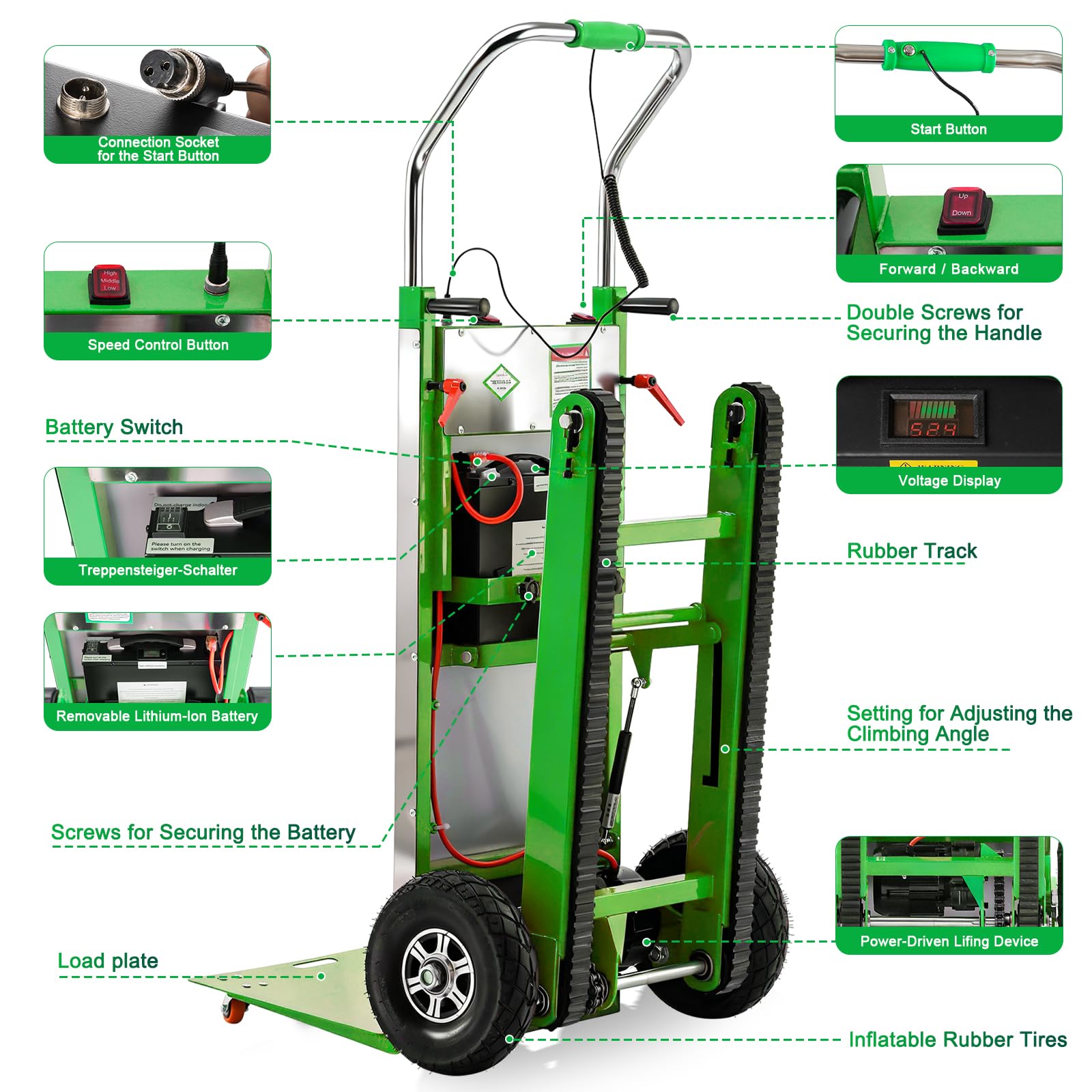 Afitdon Carrello elettrico da 1250 W, con capacità di carico di 400kg, per scale e discese, con corda di sicurezza e pompa ad aria, per il trasporto di mobili 4D1