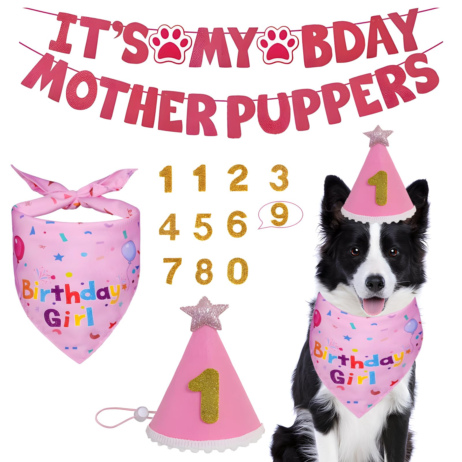 Dog Birthday Bandana, Hat, Numbers, Pink Letter Banners Set (Large)