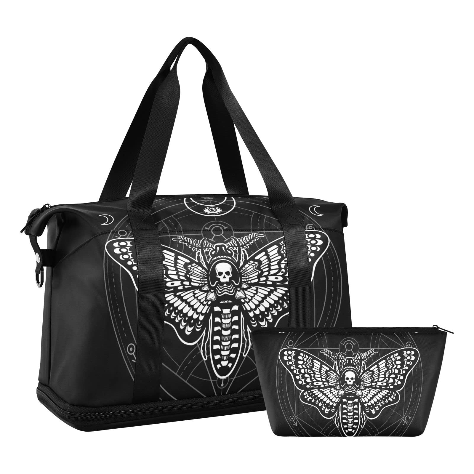 Gym Bag, Large Travel Swimming Sports Duffel Bags with Shoe Compartment Wet Pocket Women Men, Black Skull Moth Tote Gym Bag with Strap Handle Trolley Sleeve Makeup Bags
