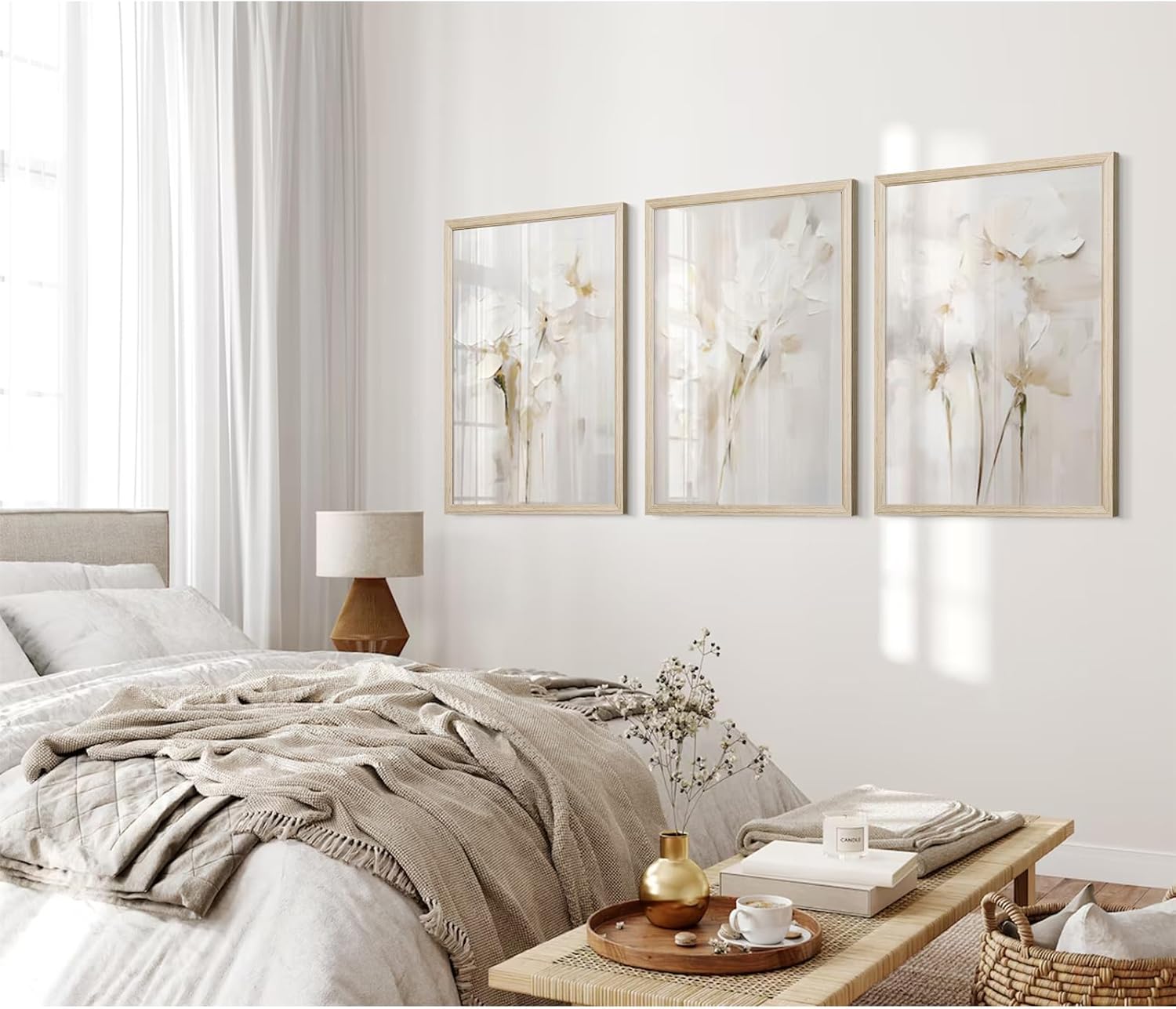 Neutral Wall Art Abstract Floral Canvas Pictures Beige Flower Wall Decor Modern Painting Minimalist Poster Abstract Botanical Prints White Artwork for Bedroom Living Room 12x16x3 Inch Wood Framed