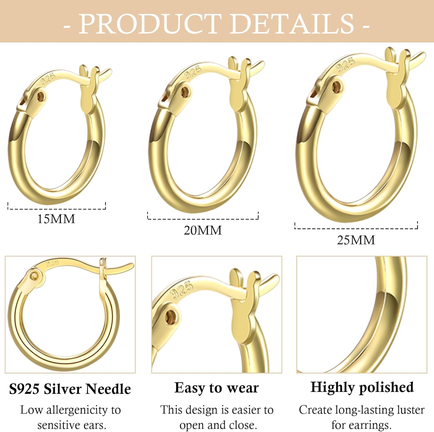 3 Pairs 925 Sterling Silver Hoop Earrings | Small White Gold Plated Hoop Earrings for Women (13mm,15mm,20mm,25mm,30mm,40mm,50mm,60mm) - Image 2